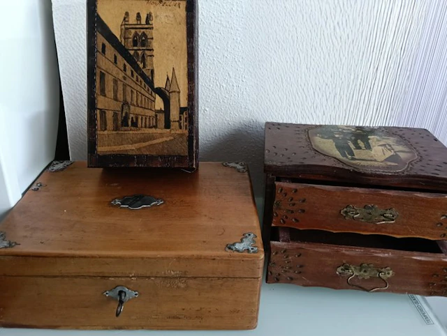 Box (3) - Wood, Paper, Brass, Velvet - Lot of Three Antique Fren
