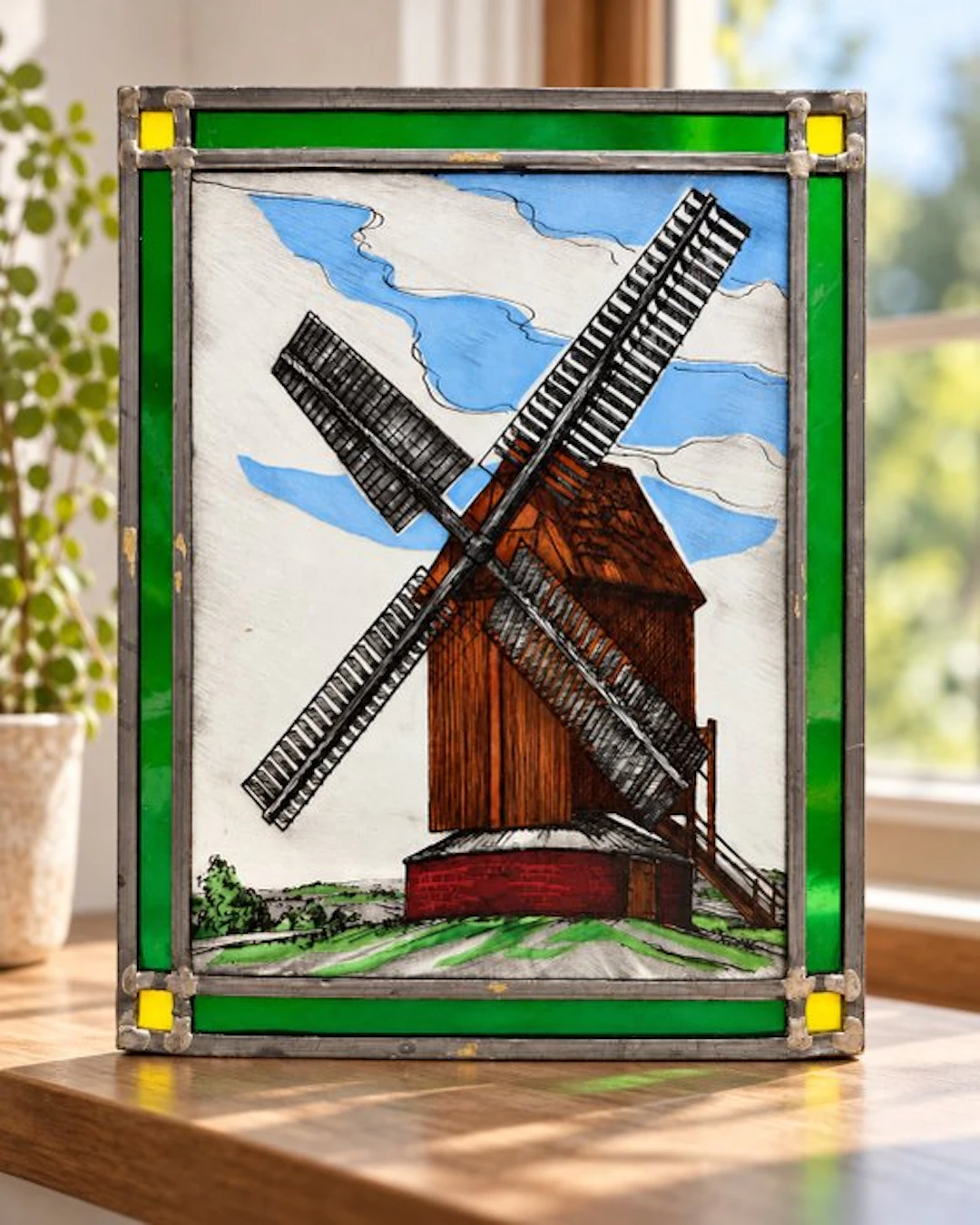 Antique Stained glass window - 1950-1960 - Dutch windmill