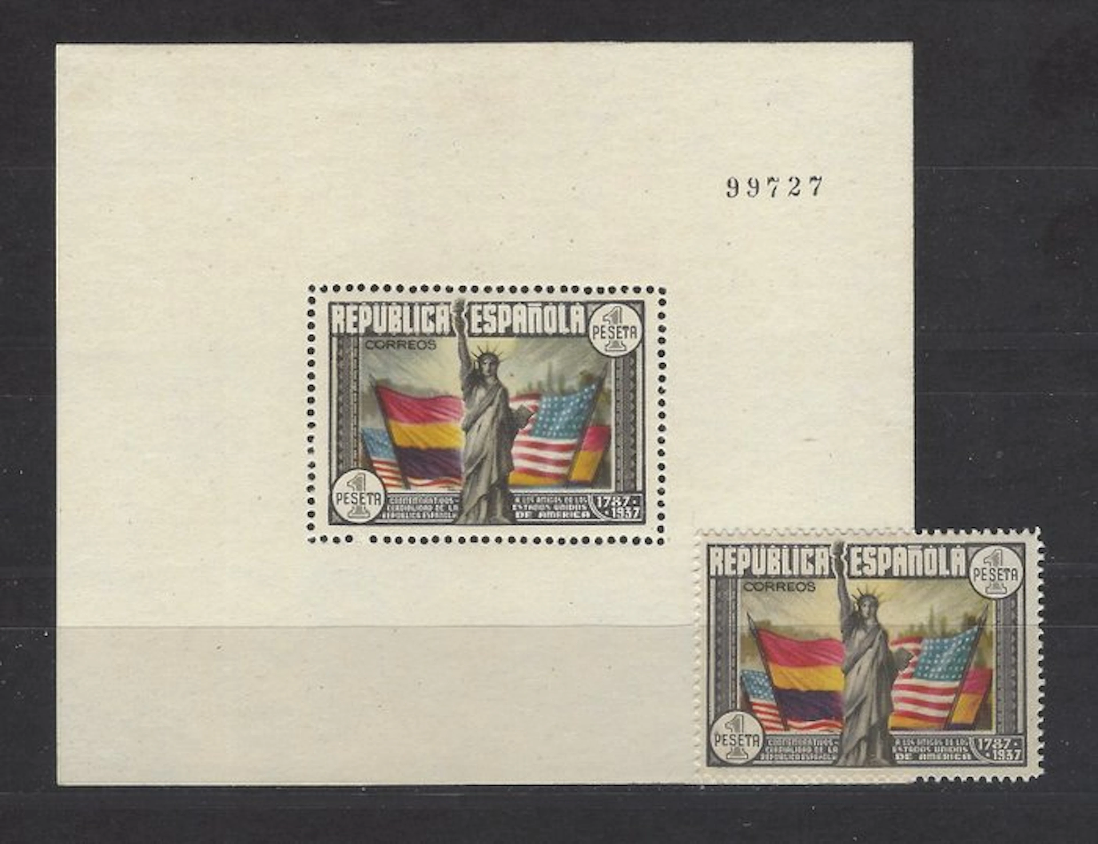 Spain 1938 - US Constitution - Stamp + mini sheet block - Edifil nº 763 + 764