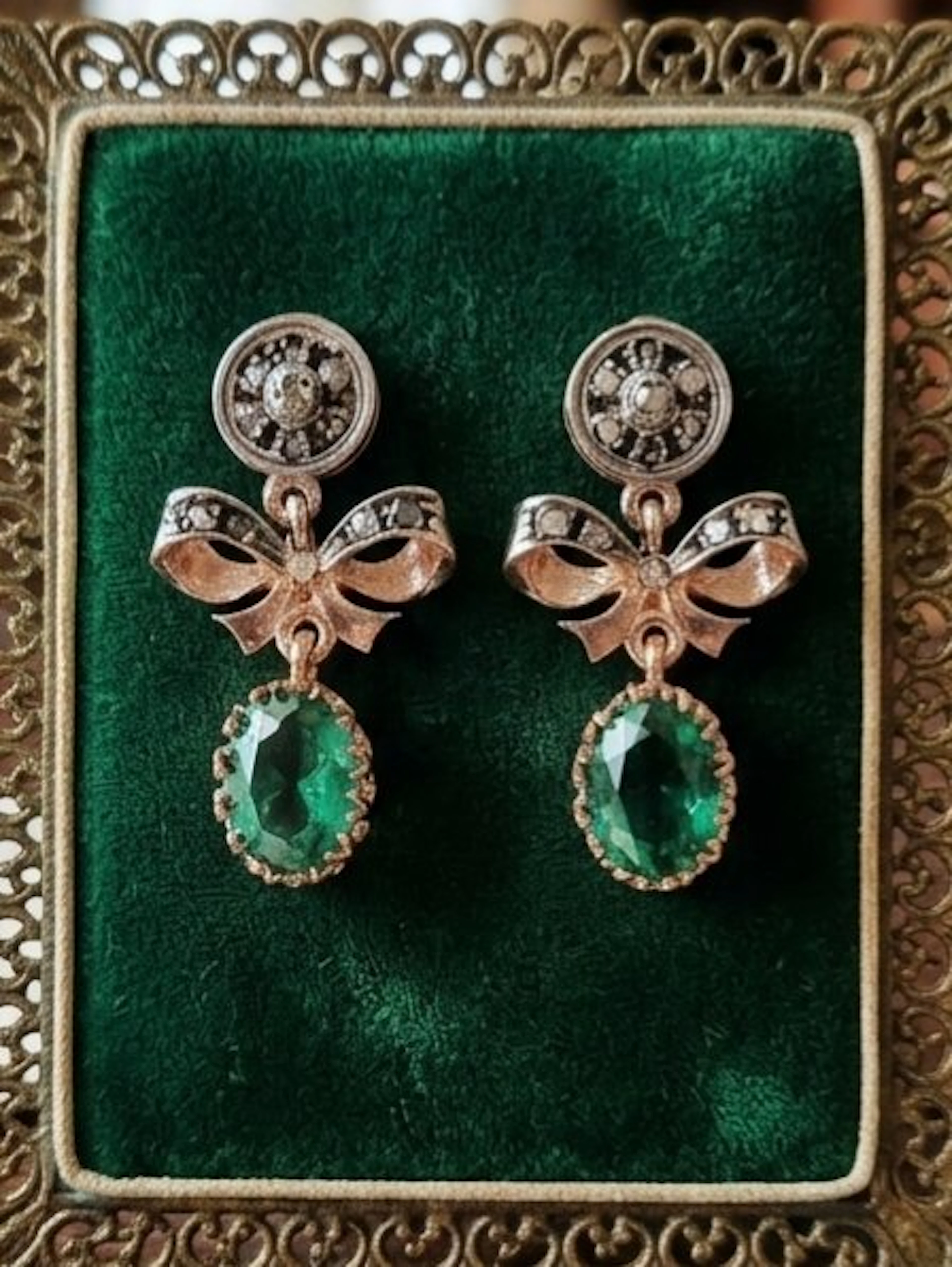 No reserve price - Earrings - 9 kt. Silver, Rose gold Emerald - Diamond