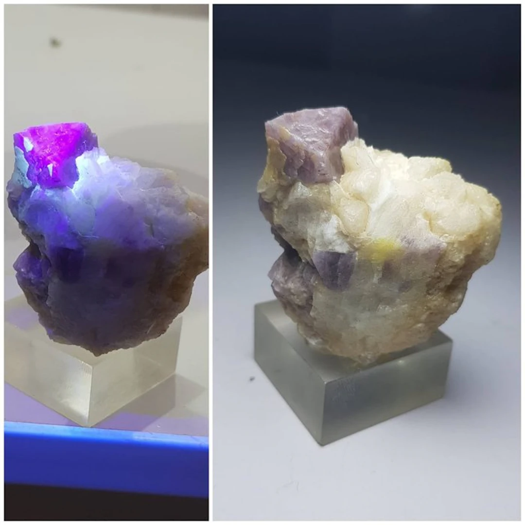 Florescent rare Spinal crystal on Quartz Matrix under UV...