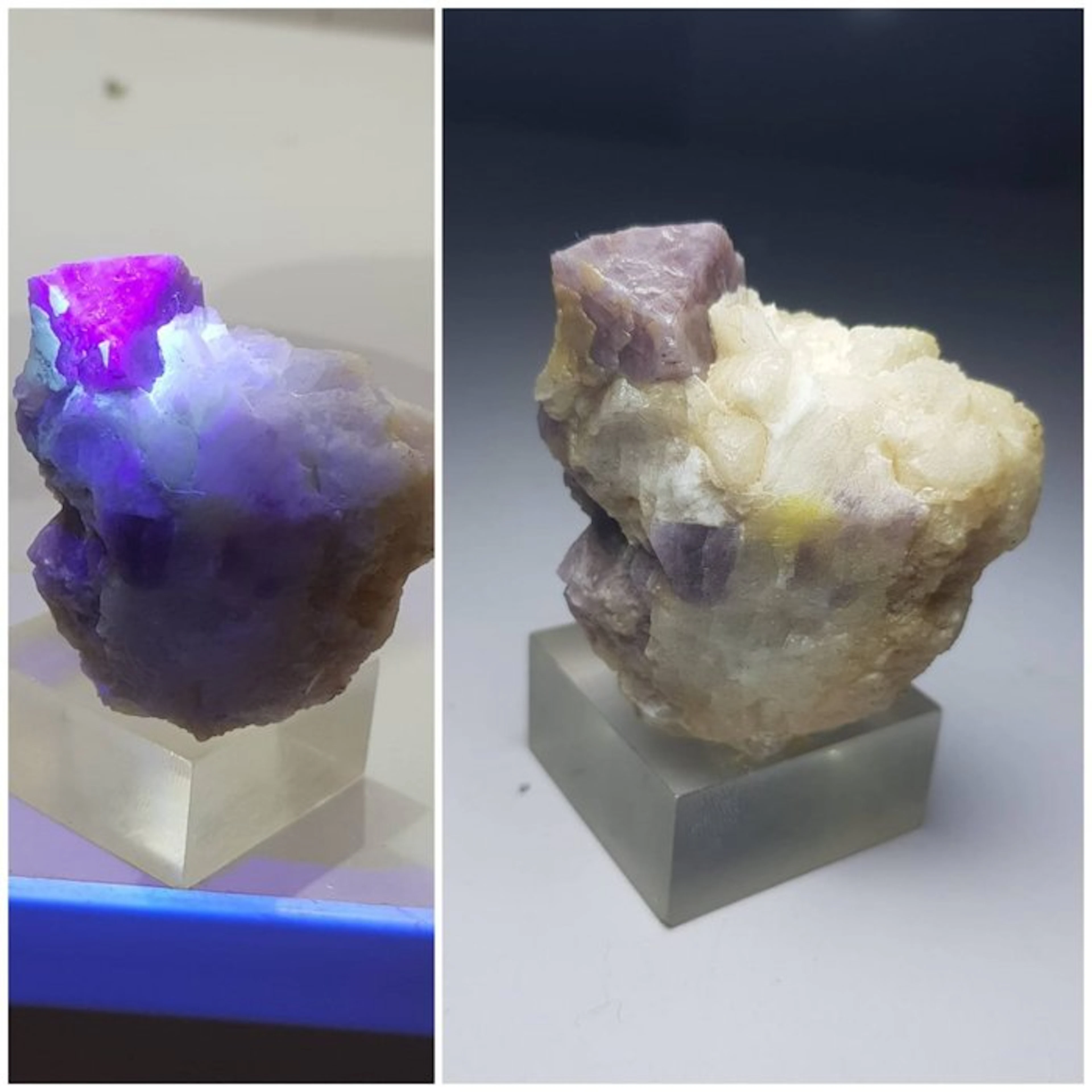 Florescent rare Spinal crystal on Quartz Matrix under UV...