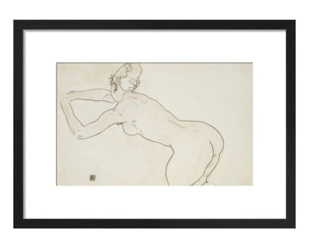 Egon Schiele - "Female Nude Kneeling and Bending Forward to the Left