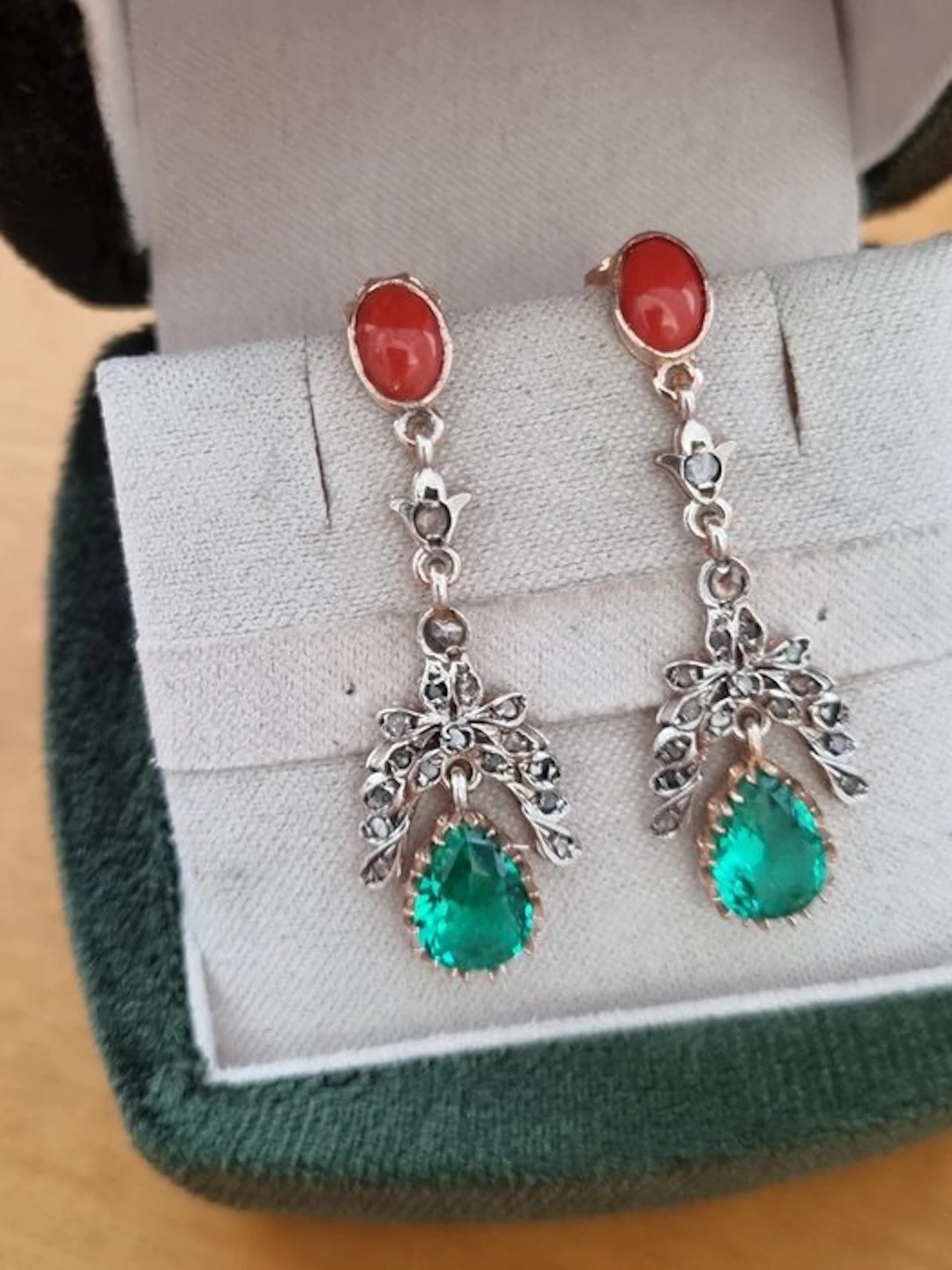 No reserve price - Earrings - 9 kt. Silver, Rose gold Emerald - Diamond