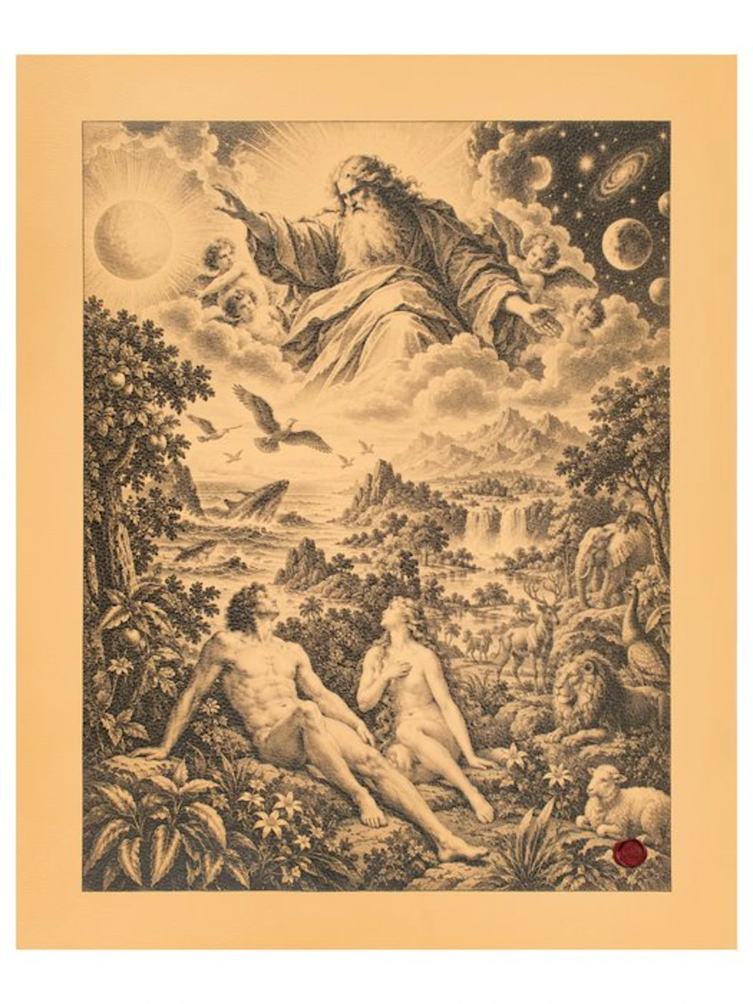 The Garden of Eden – Adam and Eve under the gaze of the...
