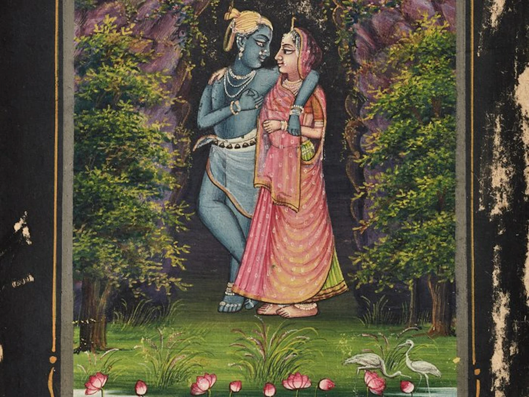 Artista di scuola Nathdwara - Kṛṣṇa e Rādhā nel Monte Govardhan