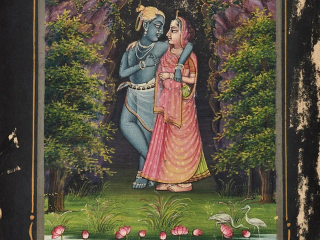 Artista di scuola Nathdwara - Kṛṣṇa e Rādhā nel Monte Govardhan
