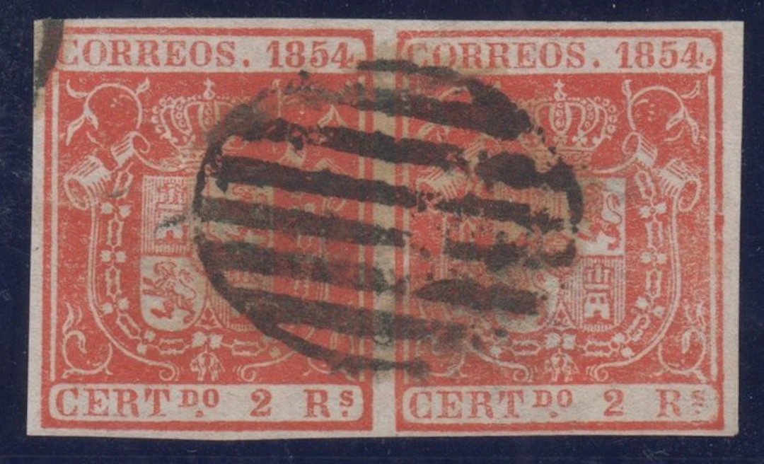 Spain 1854 - Coat of Arms of Spain. 2 reales, red. - Edifil 25 pareja