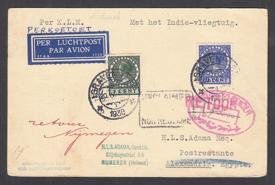 Netherlands 1926 - Returned order card to Egypt