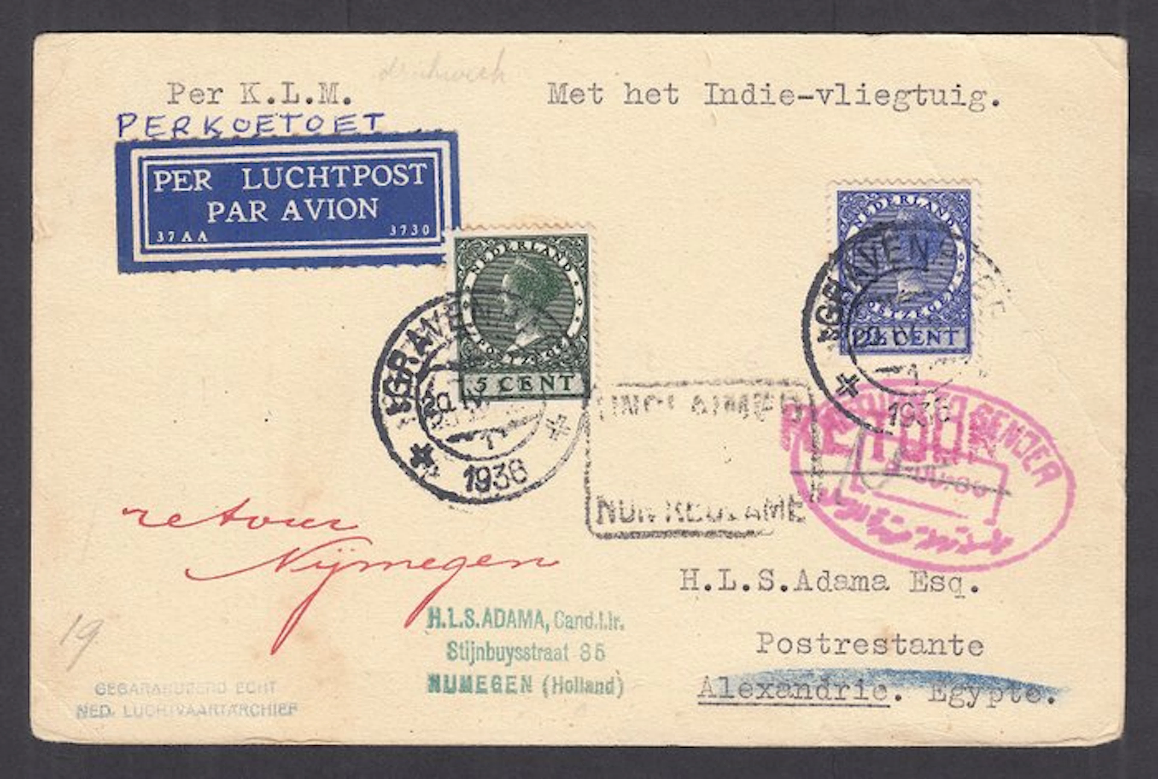 Netherlands 1926 - Returned order card to Egypt