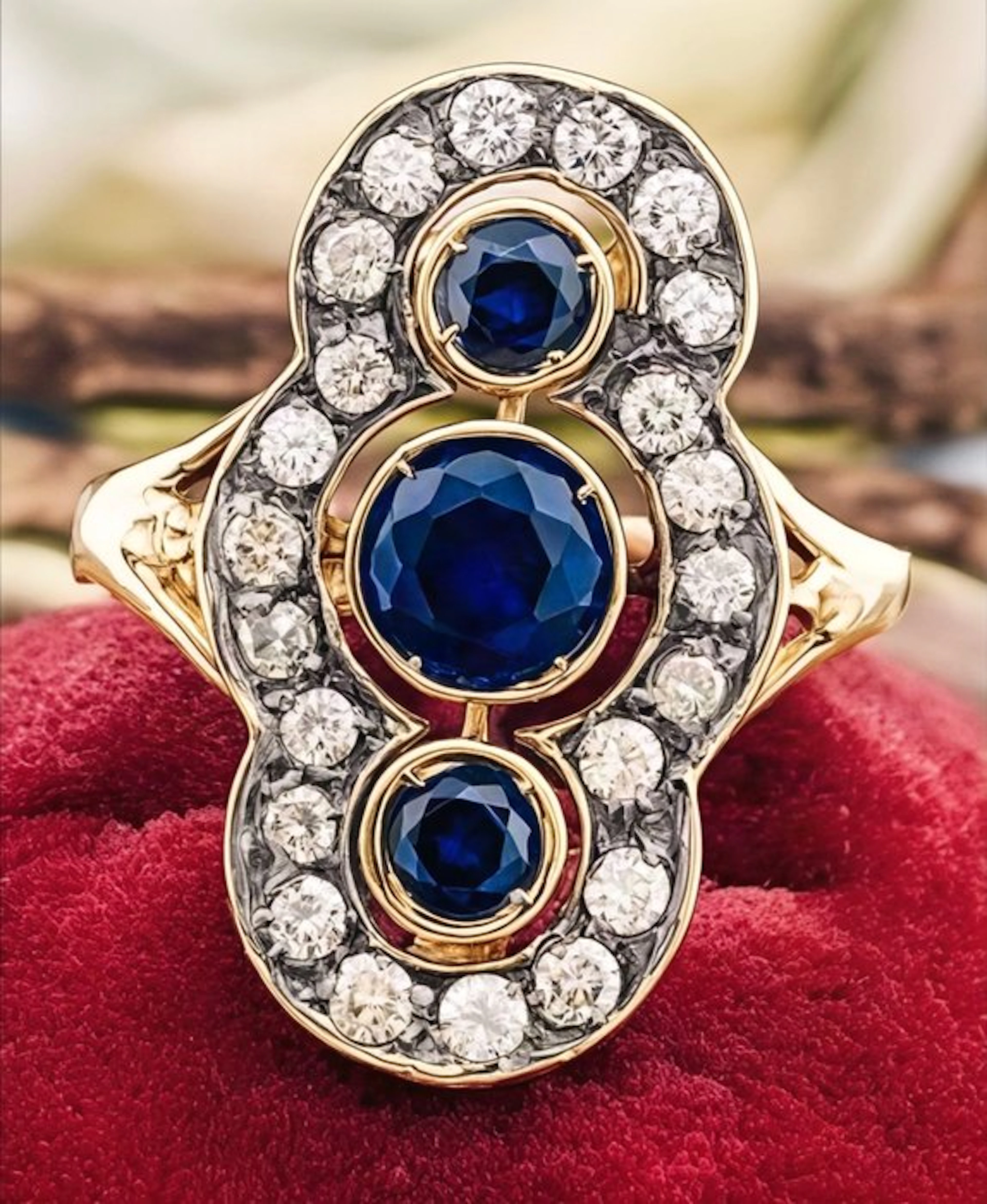 No reserve price - Ring - 9 kt. Yellow gold, Silver Sapphire - Diamond
