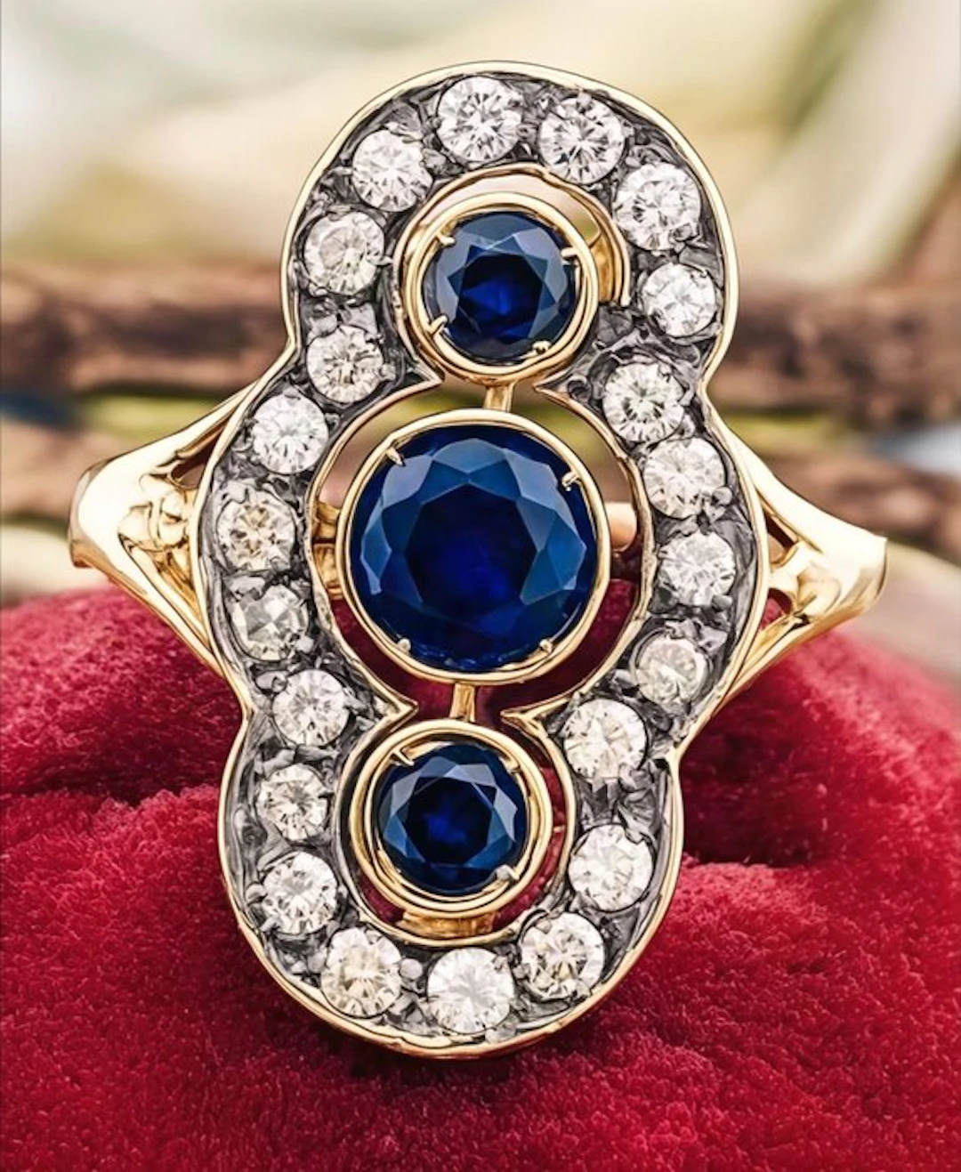 No reserve price - Ring - 9 kt. Yellow gold, Silver Sapphire - Diamond