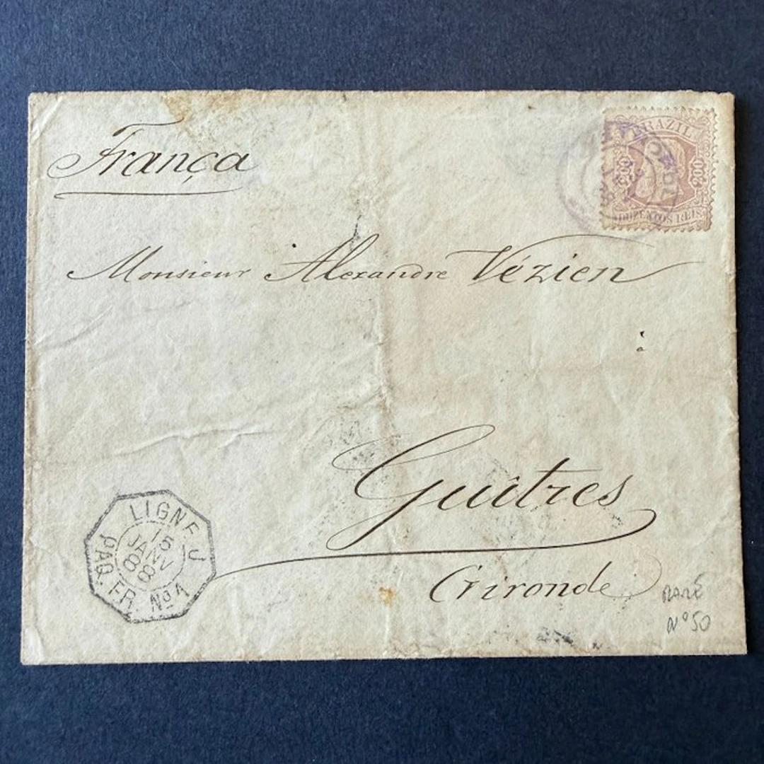Brazil - Yvert 50 'Pedro 2' on a letter, liner J to France. Very Fine.