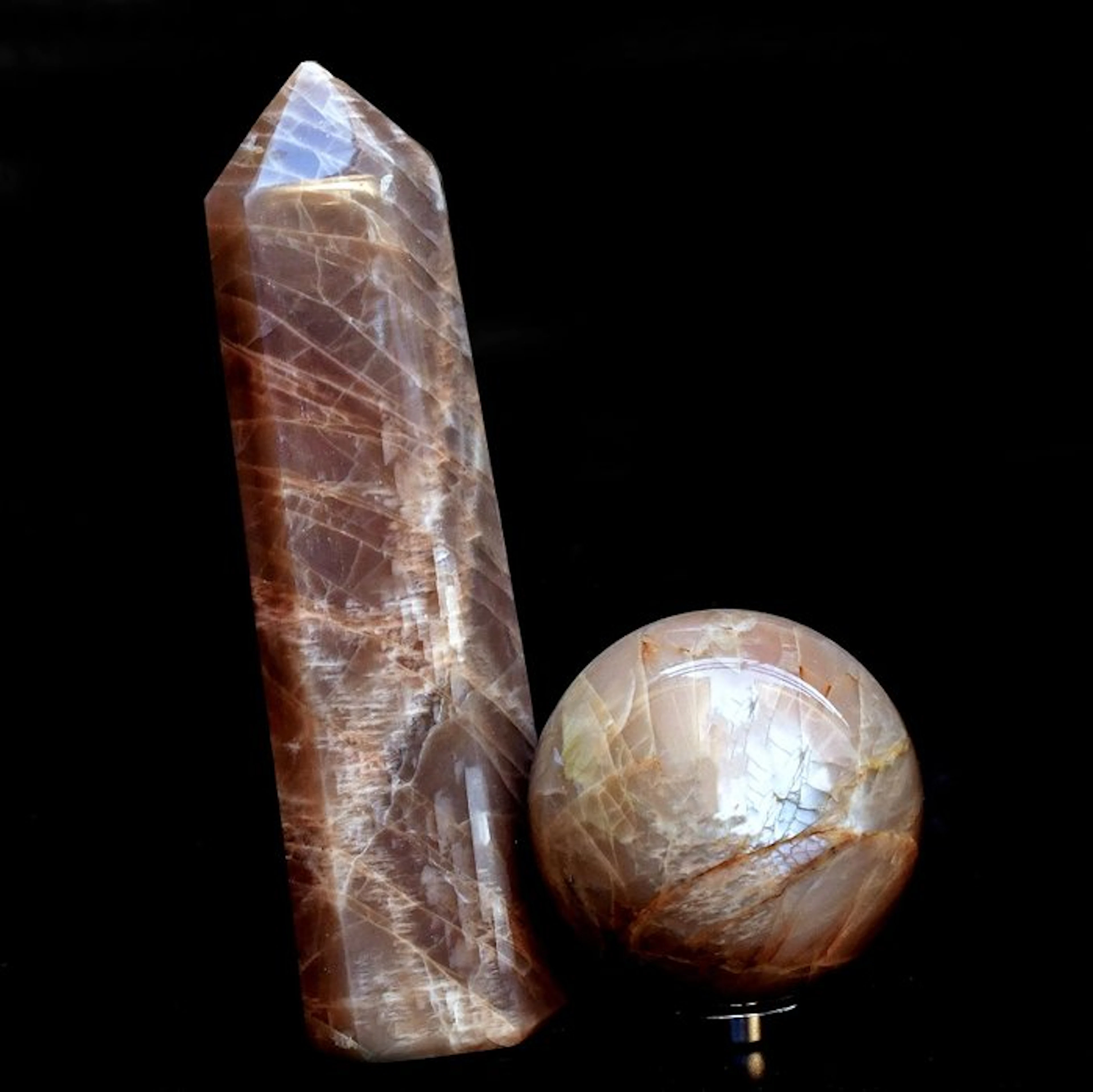 First quality peach Moonstone sphere obelisk with strong...