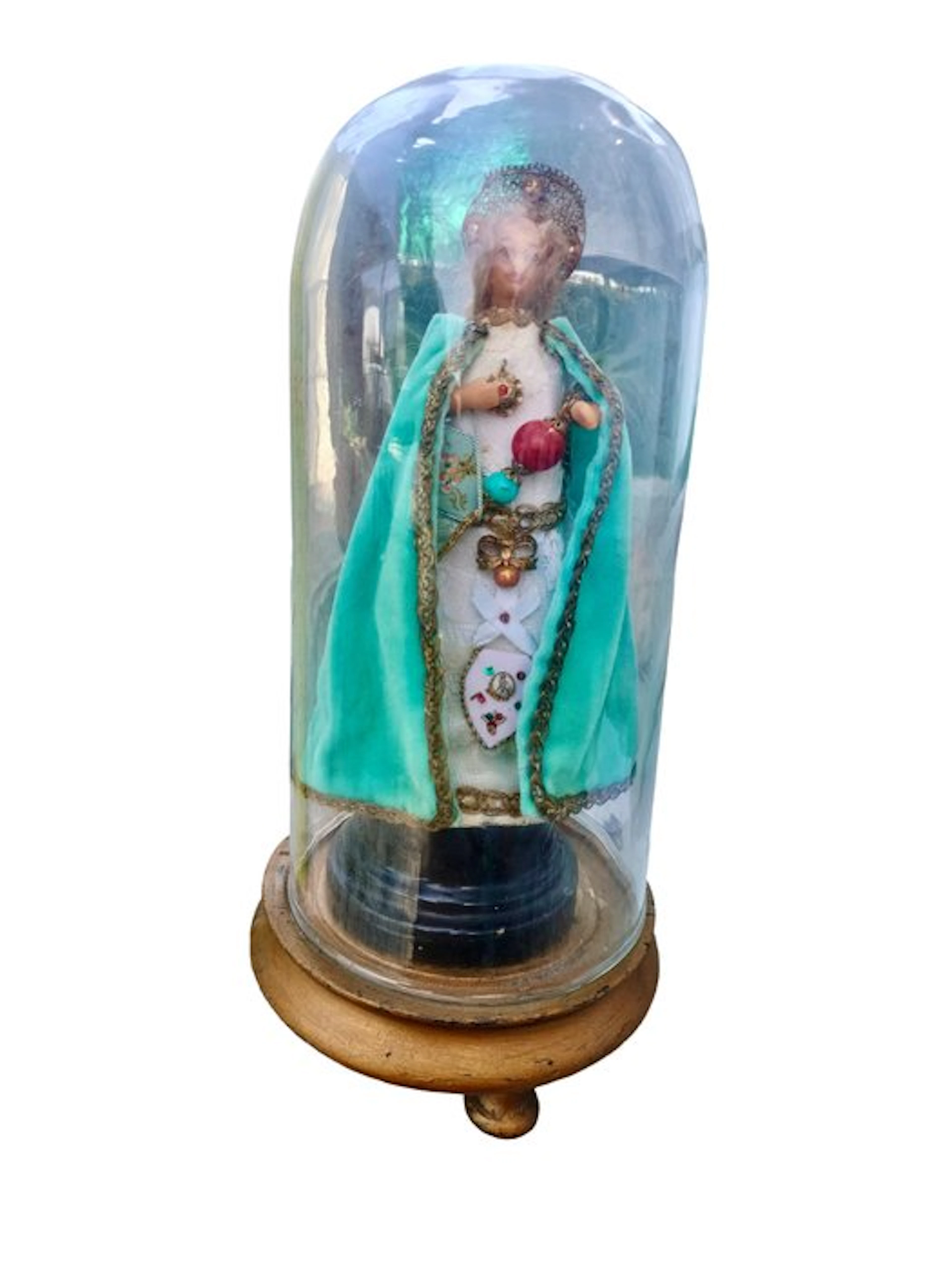 Statue – Virgin under a glass dome – 30 cm - Wax, Gold, Silver - 1850-1900