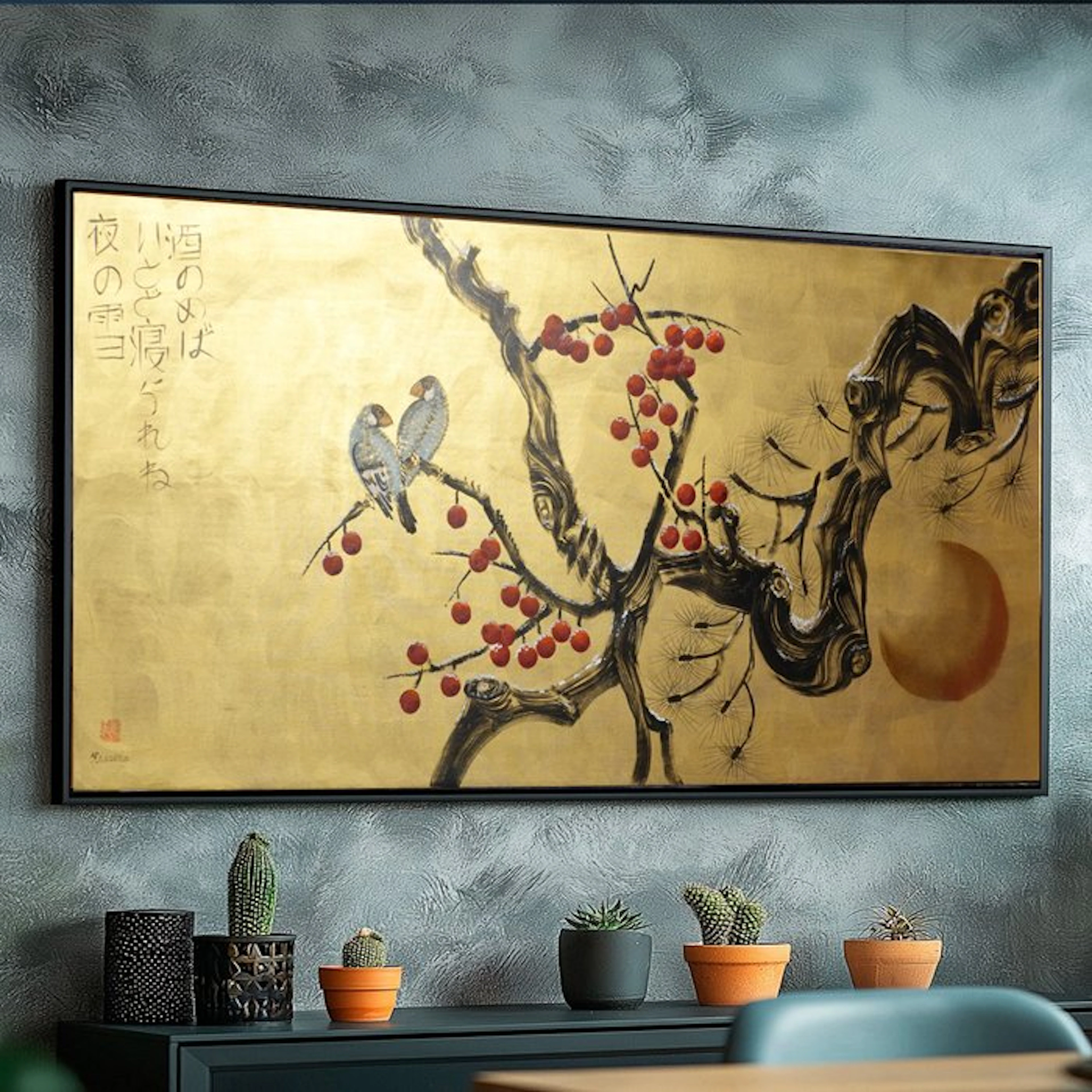 Ksavera - Japanese love birds J578 - gold original painting on XXL canvas 210cm