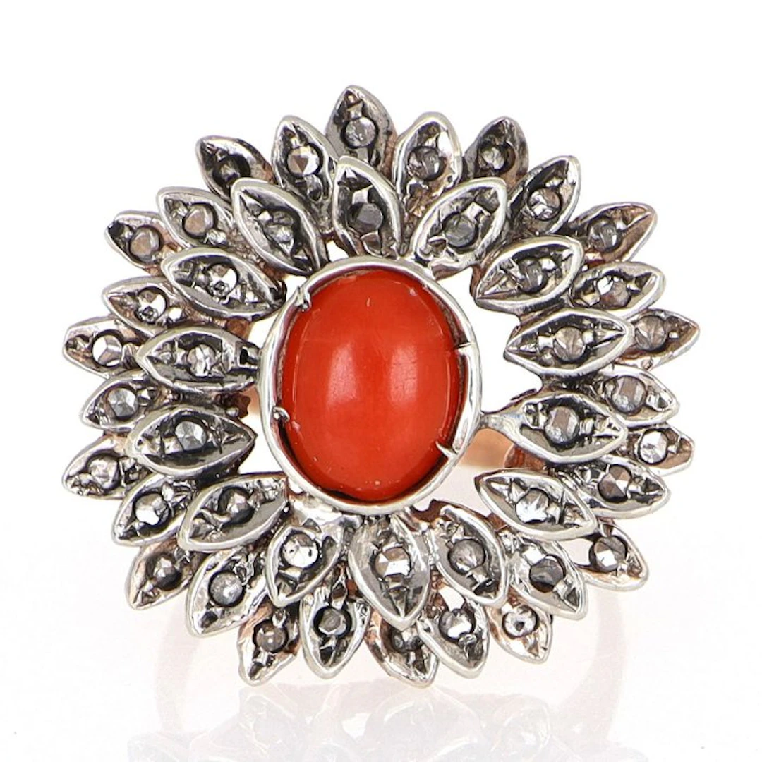 No reserve price - Ring - 12 kt. Rose gold, Silver Coral - Diamond