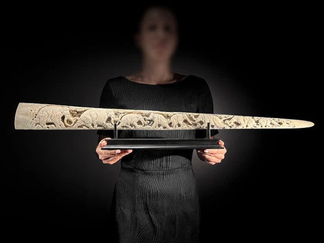 NO RESERVE PRICE - Large Carved Swordfish Tusk on stand...