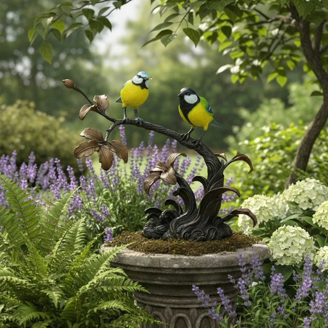 Sculpture, Songbirds on a Branch - 33 cm in length - 27 cm - Bronze