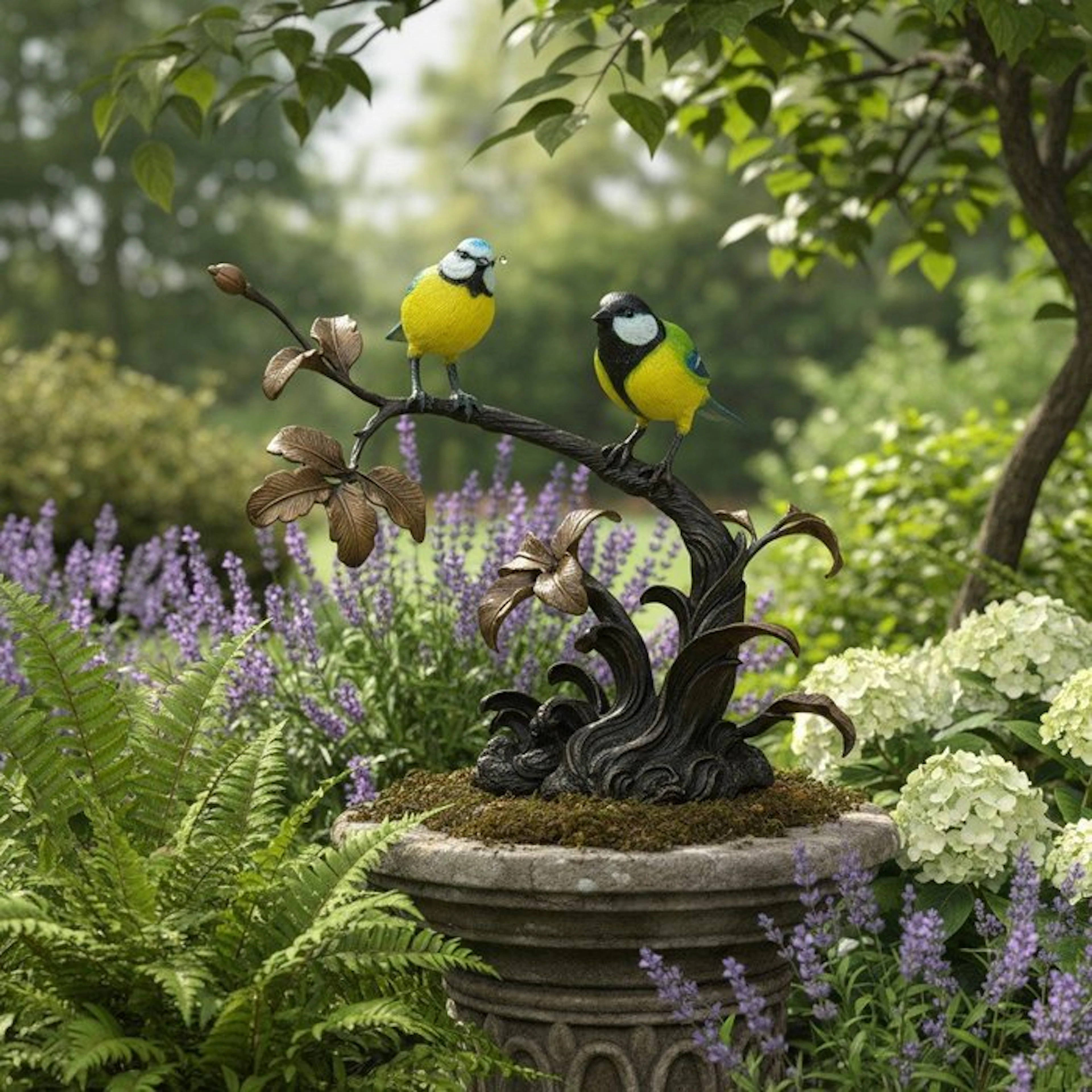 Sculpture, Songbirds on a Branch - 33 cm in length - 27 cm - Bronze
