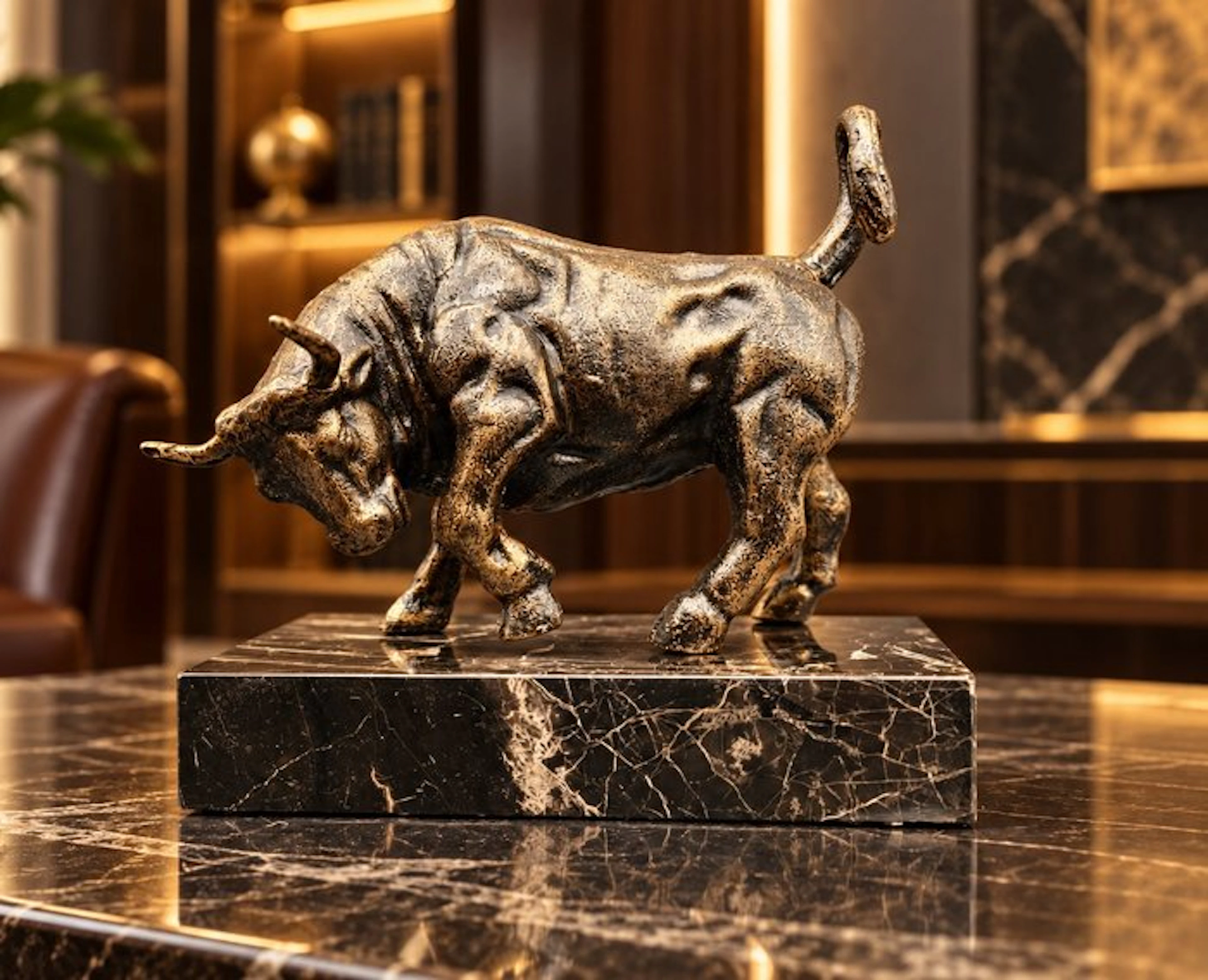 Statue, Bull on Marble Base - 17 cm - Marble, Iron - 2026