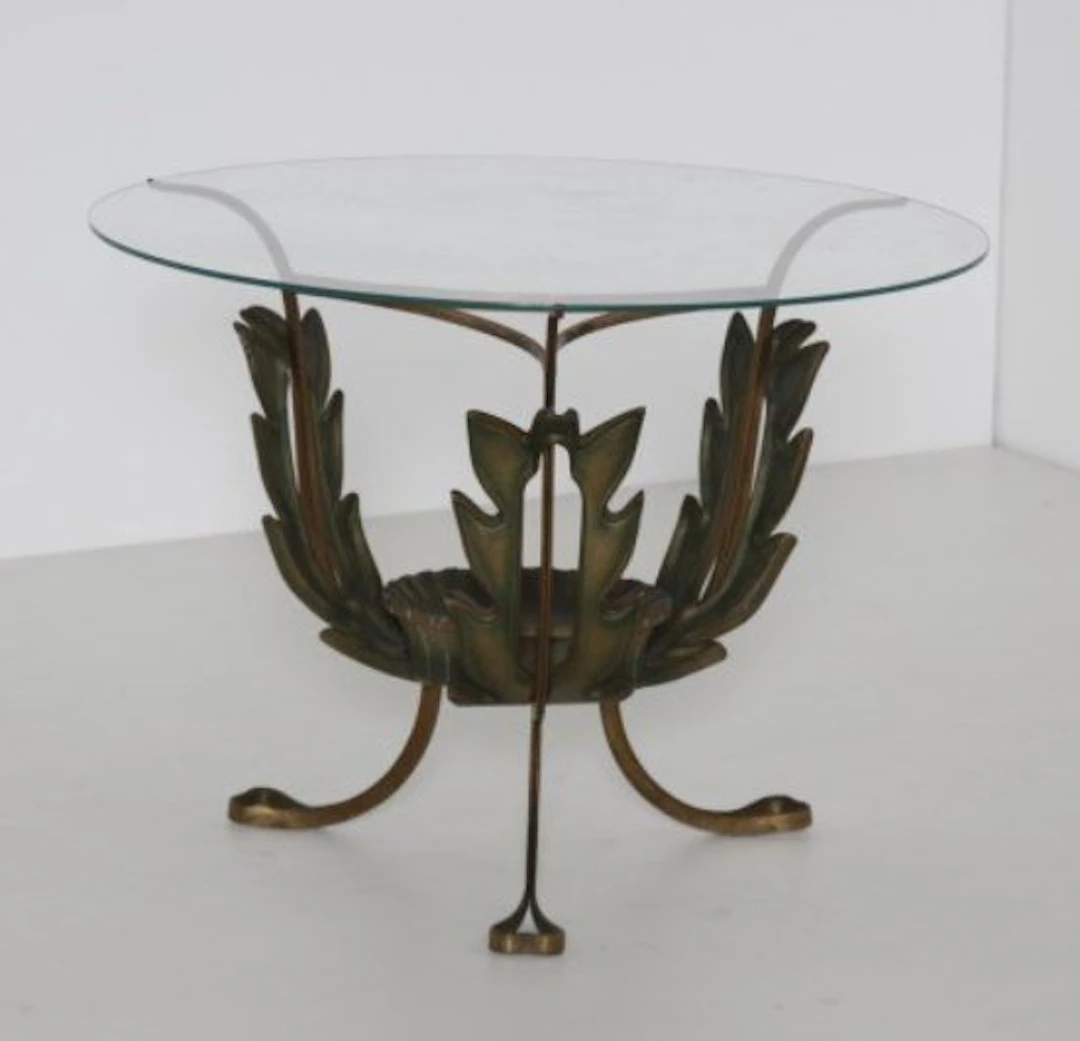 Side table - Glass, Wood, Brass - Three acanthus leaves, cast in fusion.