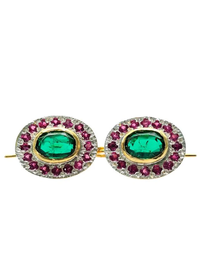 No reserve price - Earrings - 9 kt. Silver, Yellow gold Emerald - Ruby