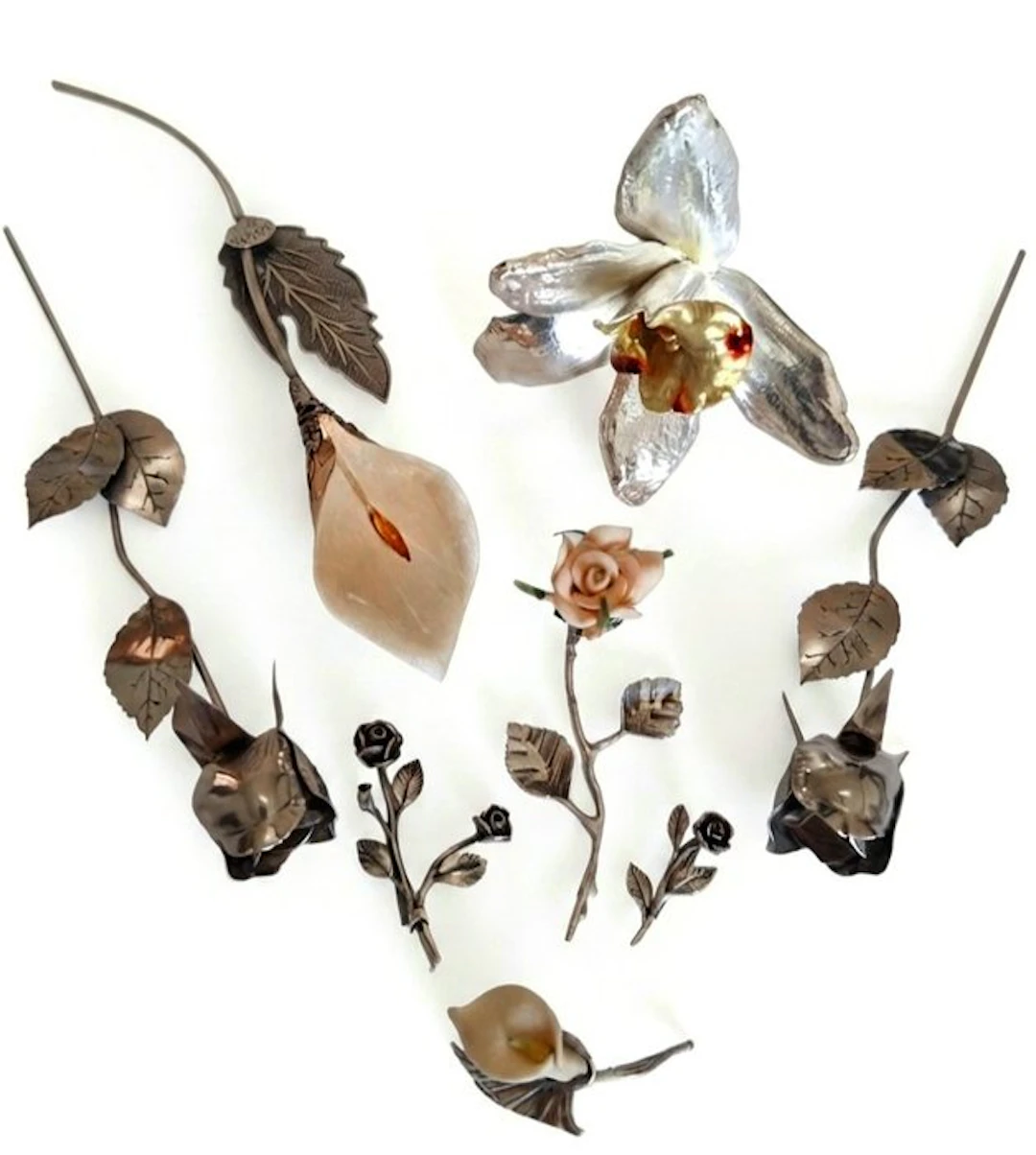 Sculpture, Rose, Calle e Orchidea (lotto di 8) - 8 cm - .800 silver