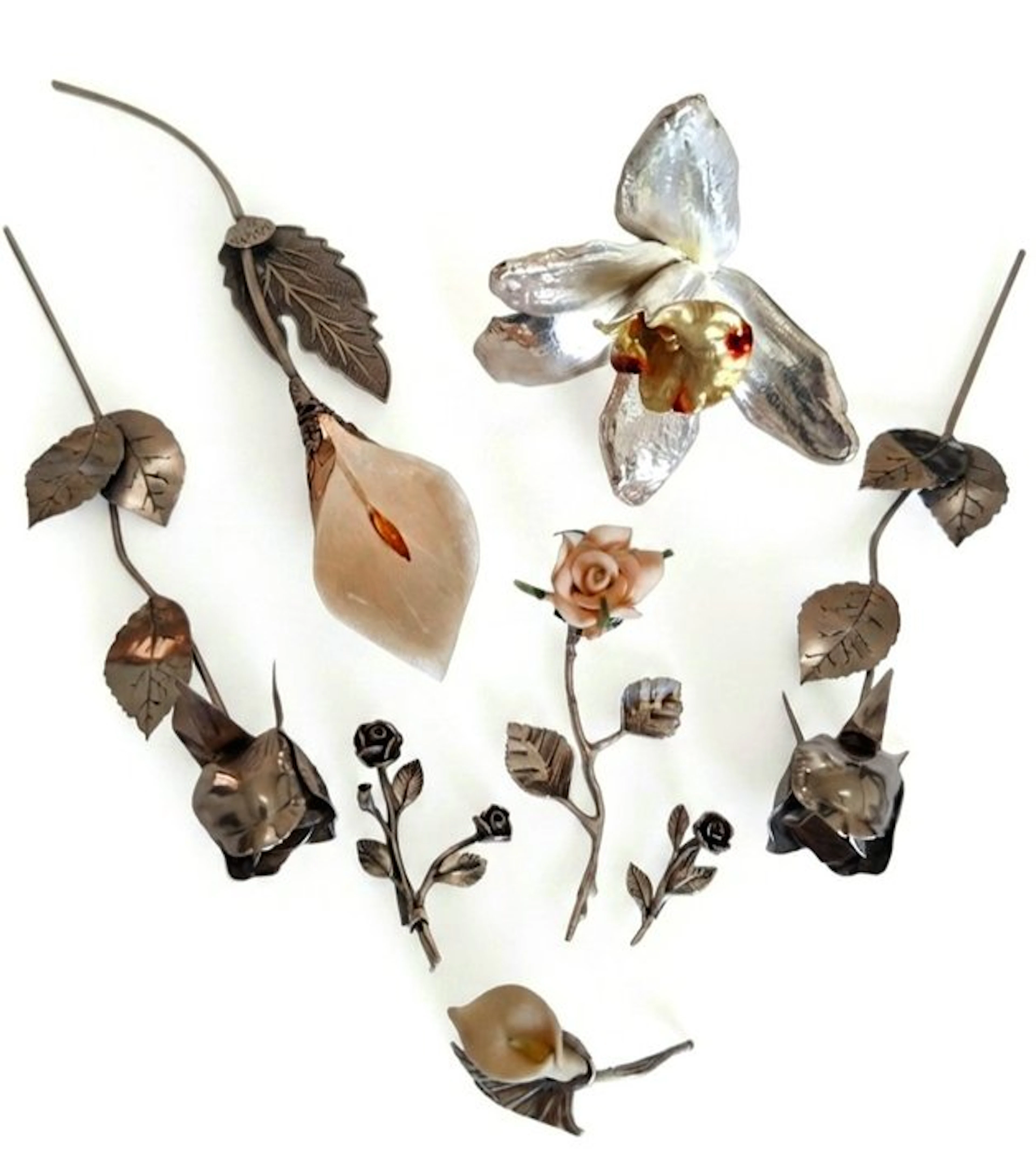 Sculpture, Rose, Calle e Orchidea (lotto di 8) - 8 cm - .800 silver