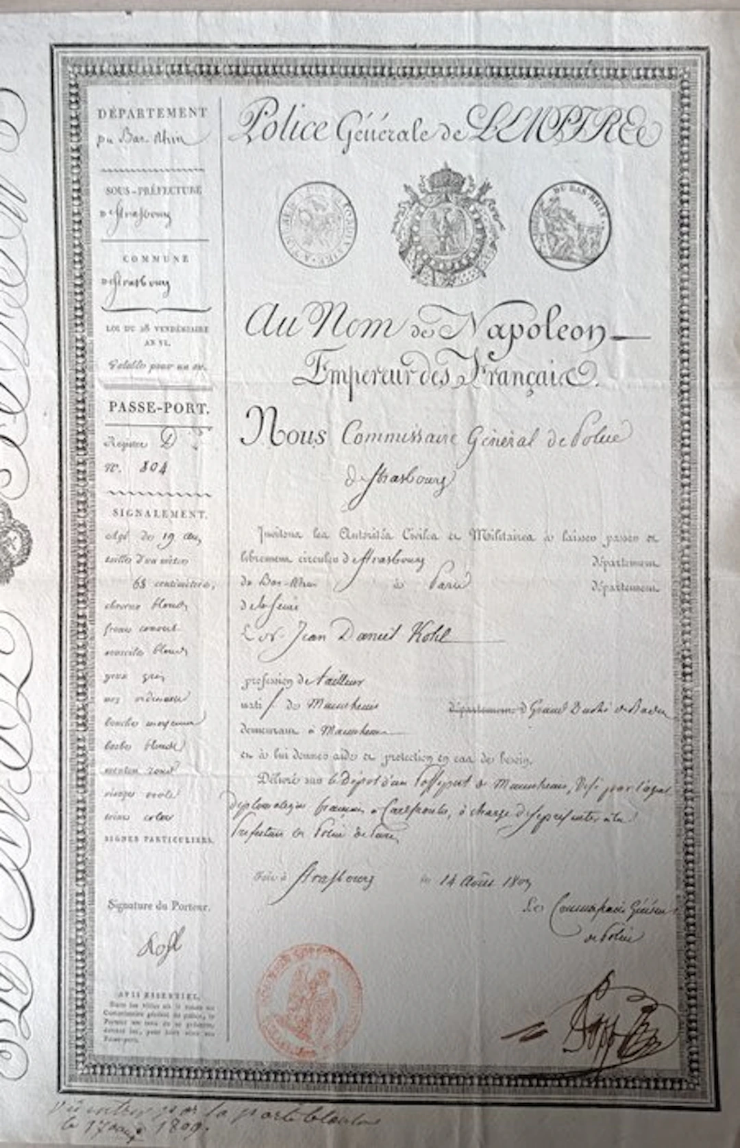 firma - Rare Passeport de l'Empire Napoléonien — Strasbourg