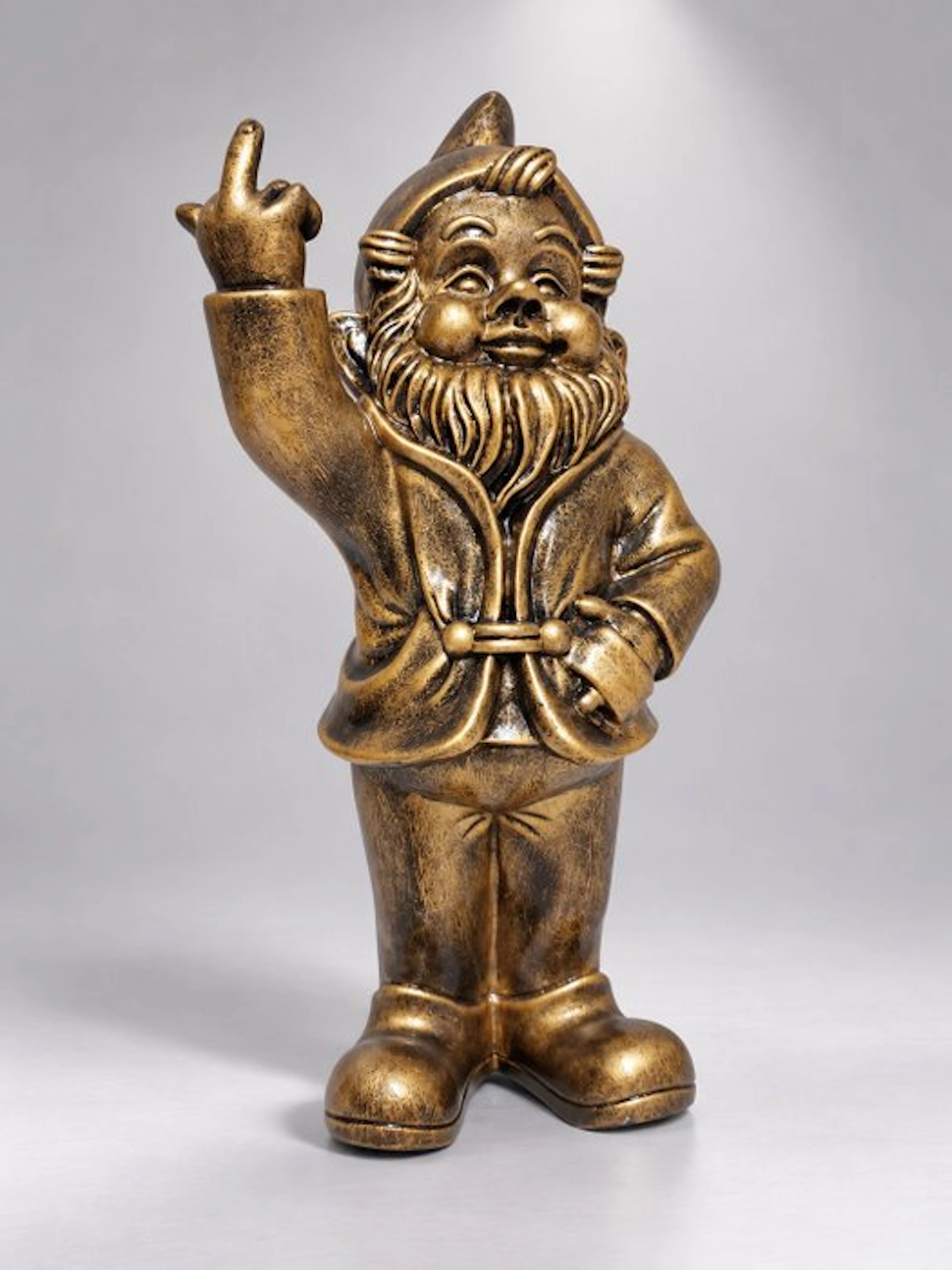 Statue, naughty bronze gnome with middle finger - 30 m - polyresin