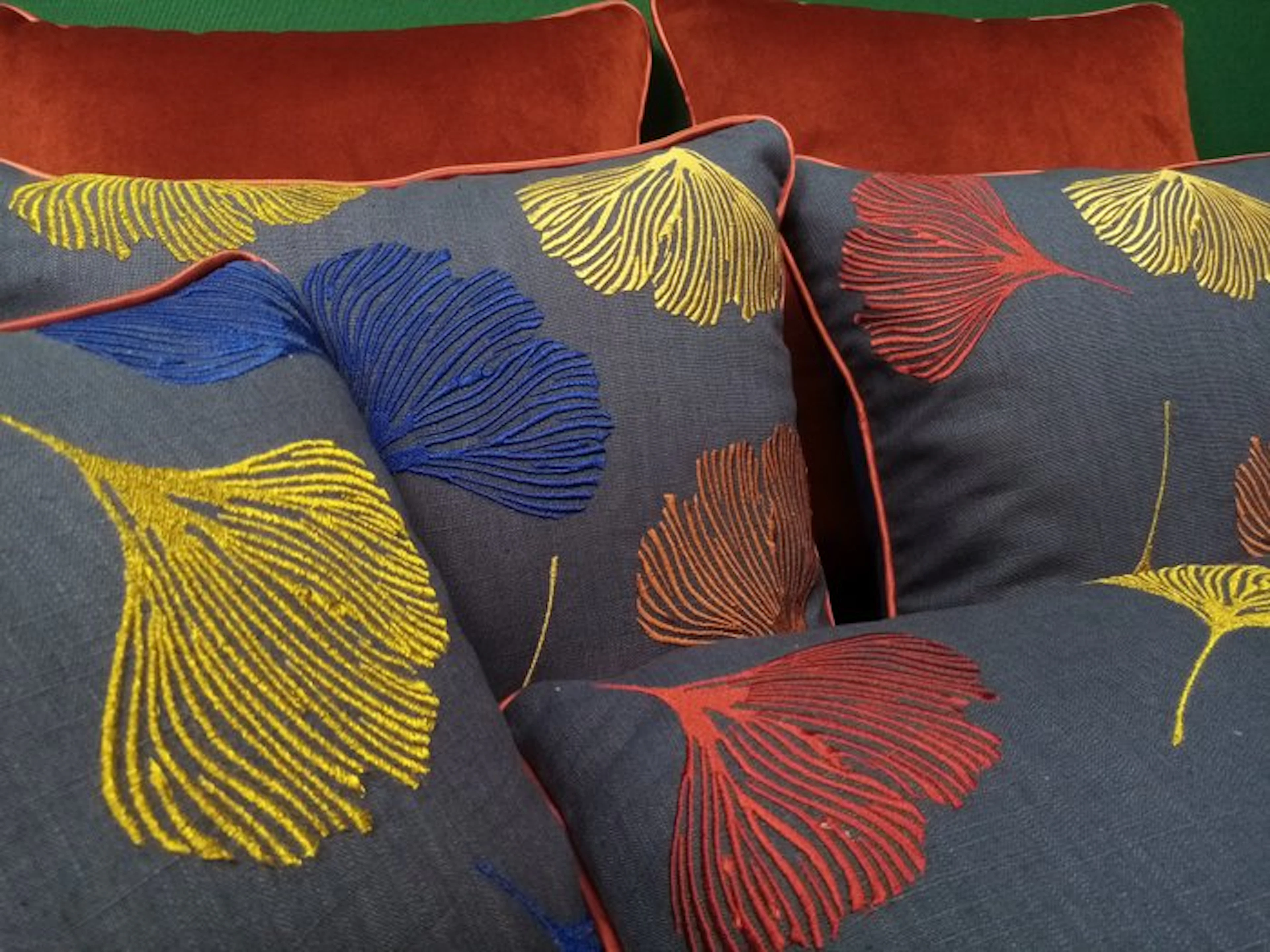 Six Pillows : four with "Ginkgo" fabric by Manufatti...