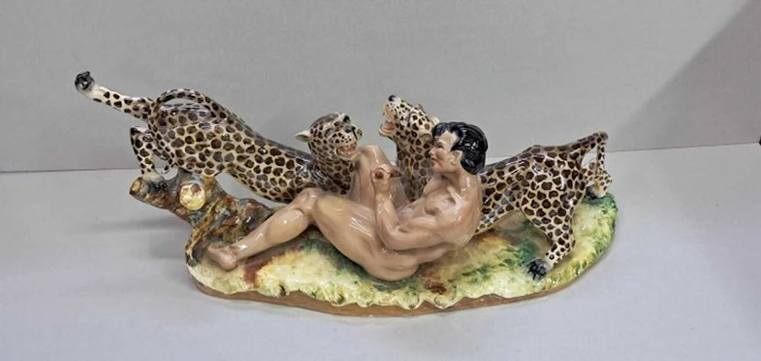Sculpture, Tarzan che lotta con il leopardo - 22 cm - Earthenware