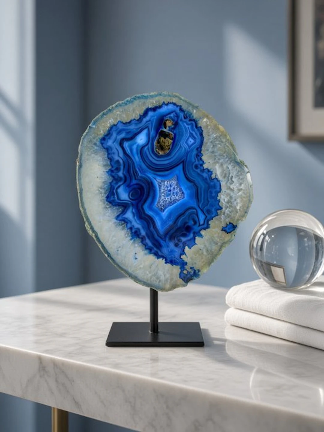 Rare blue Agate - rock crystal geode on stand Geode...