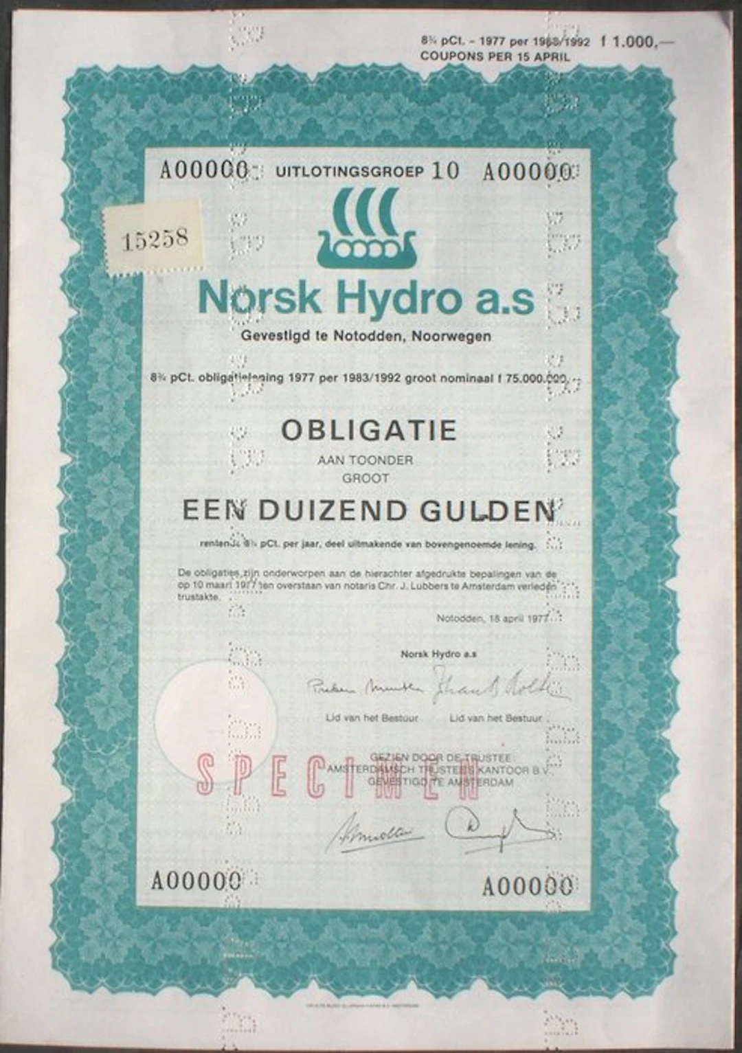 Norway. Norsk Hydro 1000 Gulden Specimen 1977 (Ohne mindestpreis)
