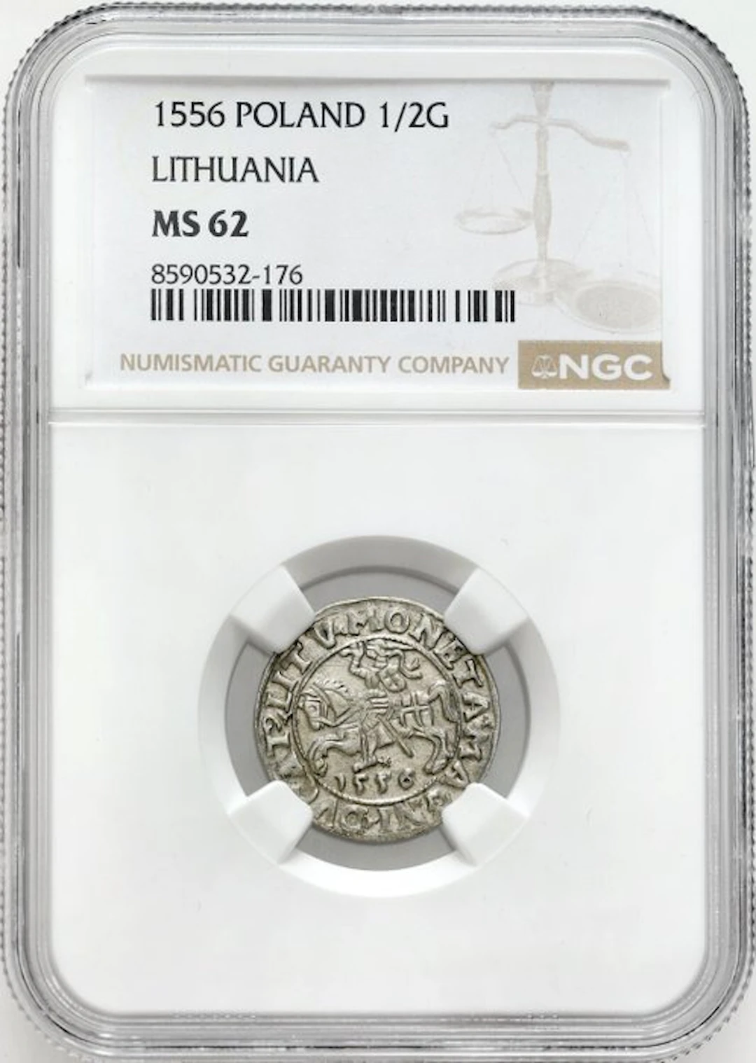 Poland, Lithuania. Segismundo II Augusto (1548-1572). 1/2 Groat 1556 - NGC MS62