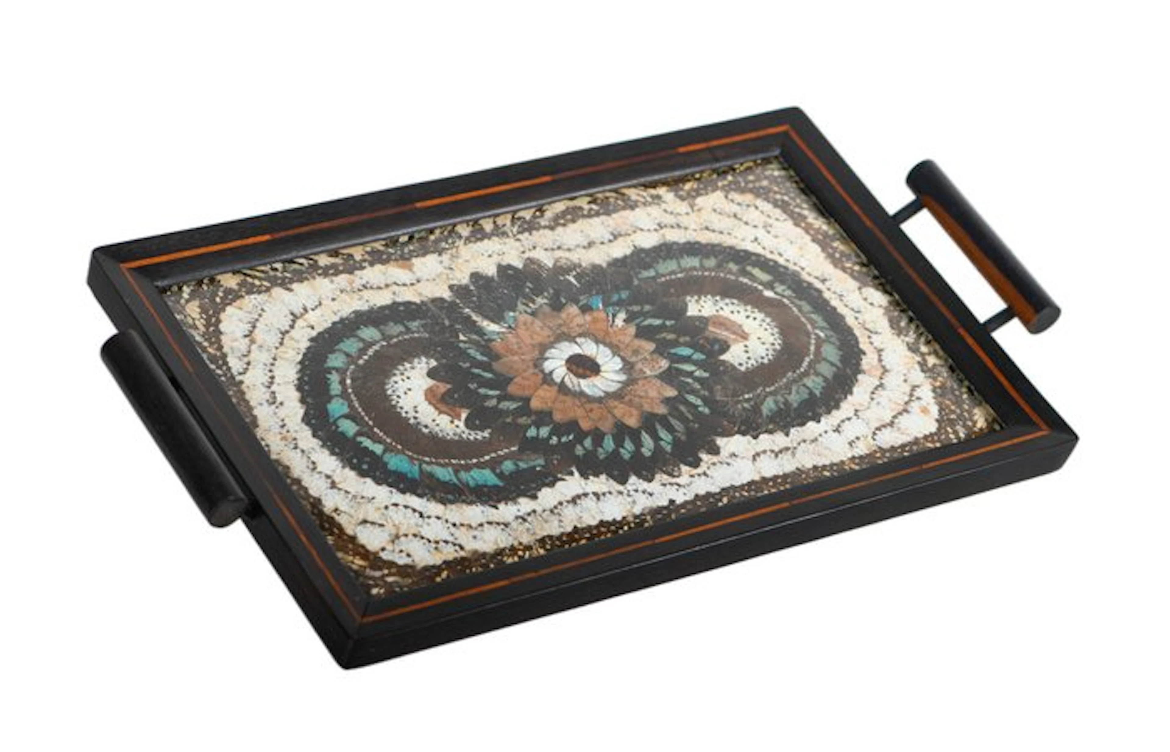 Uitzonderlijk Art-Deco dienblad met échte vlindervleugels & houten inlegwerk
