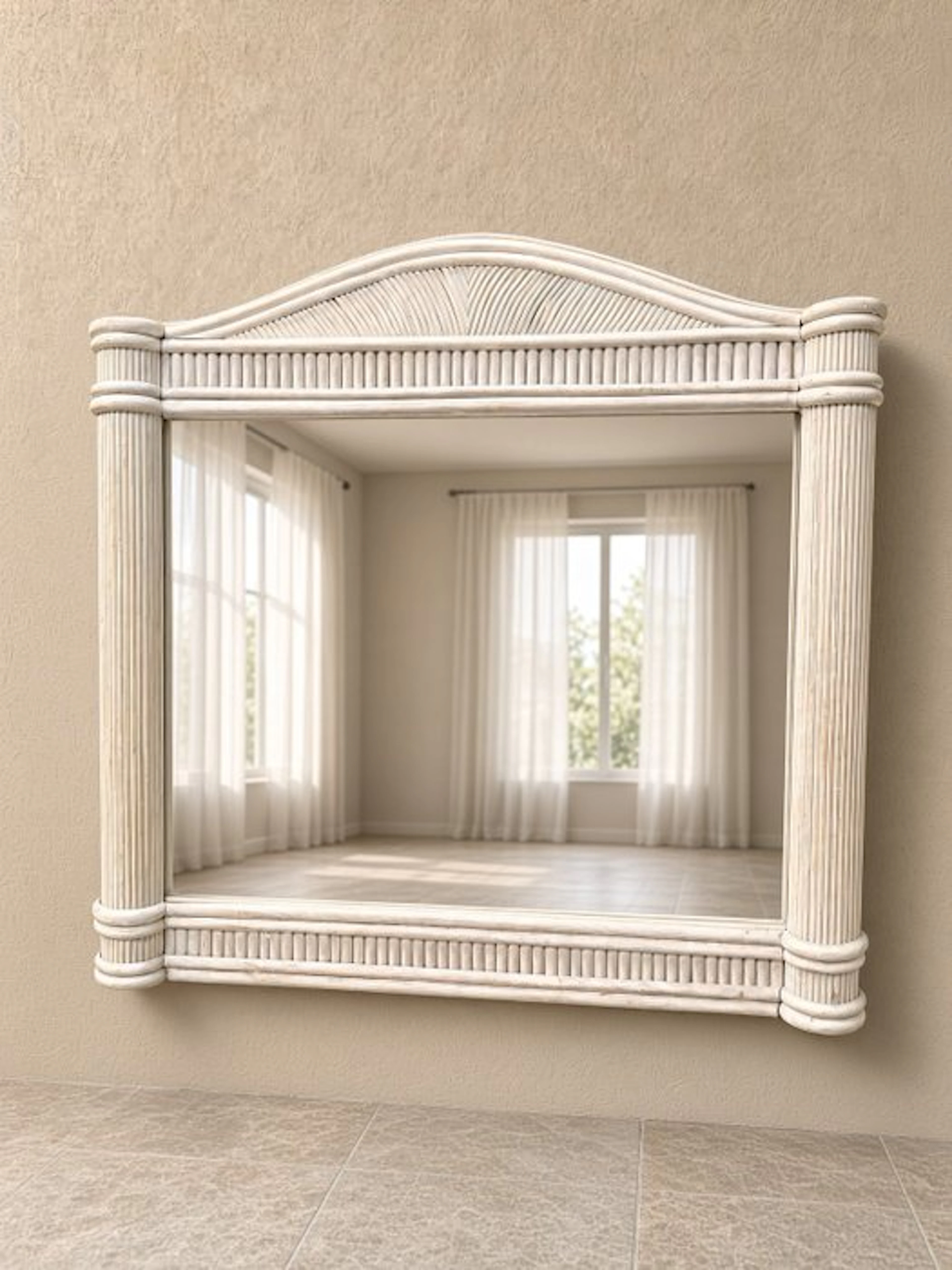 Mirror- Large Italian Whitewashed Pencil Reed Rattan Arched Wall Mirror