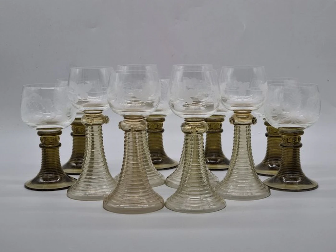 12 Römer Weingläser Set – Geschliffenes Kristallglas Grüner Fuß - Jar - Crystal