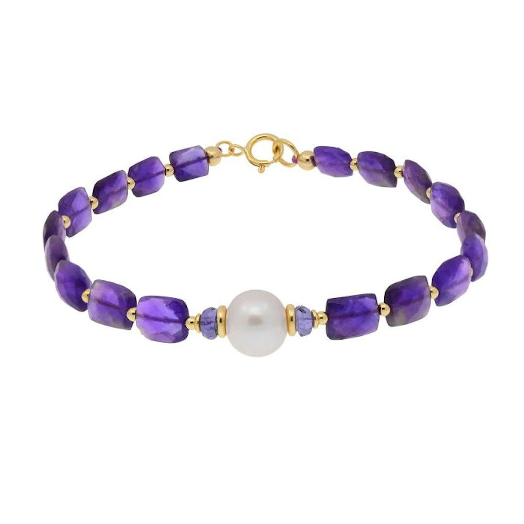 No reserve price - Bracelet - 18 kt. Yellow gold Pearl - Amethyst