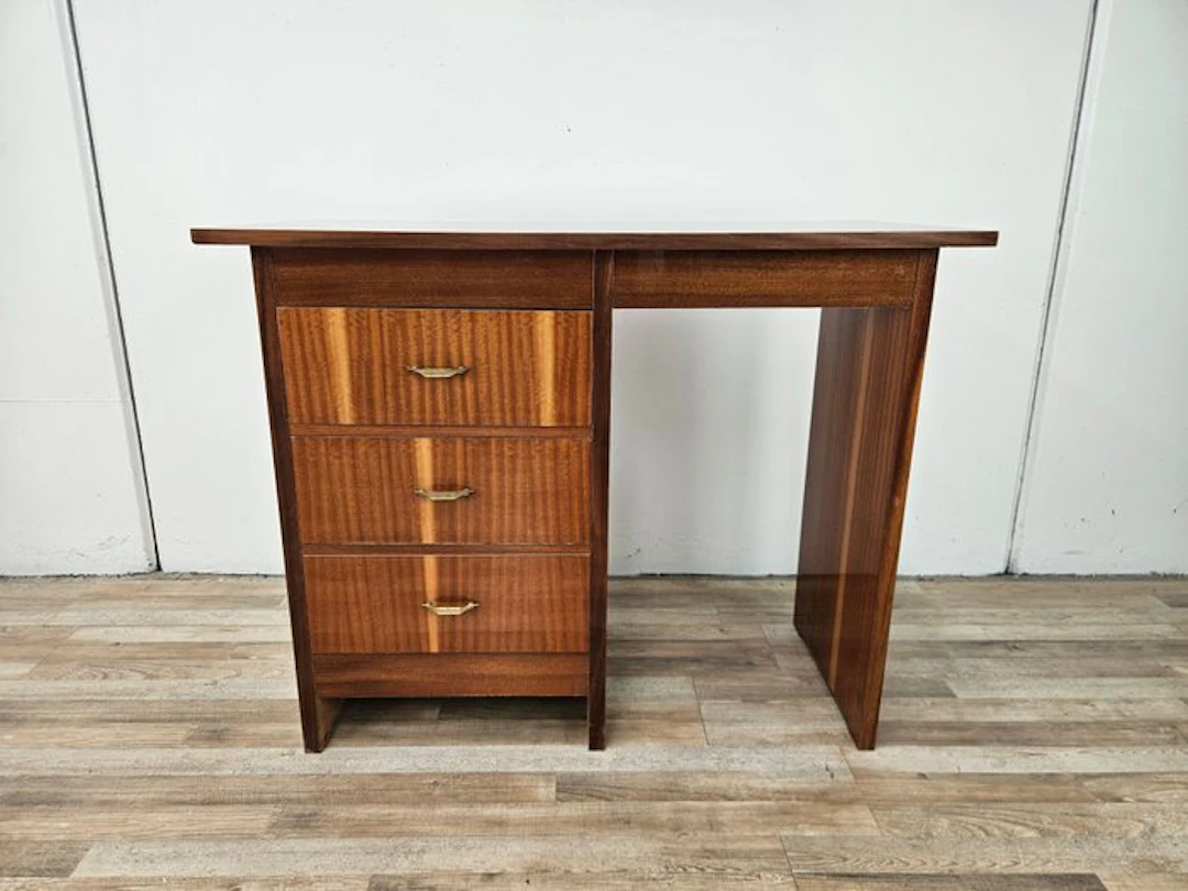 Writing desk - Italian vintage desk with drawers - Wood, Plywood, Brass