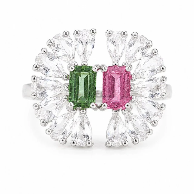 No reserve price - Ring Gold-plated Tourmaline - Diamond - 18K Gold Plated