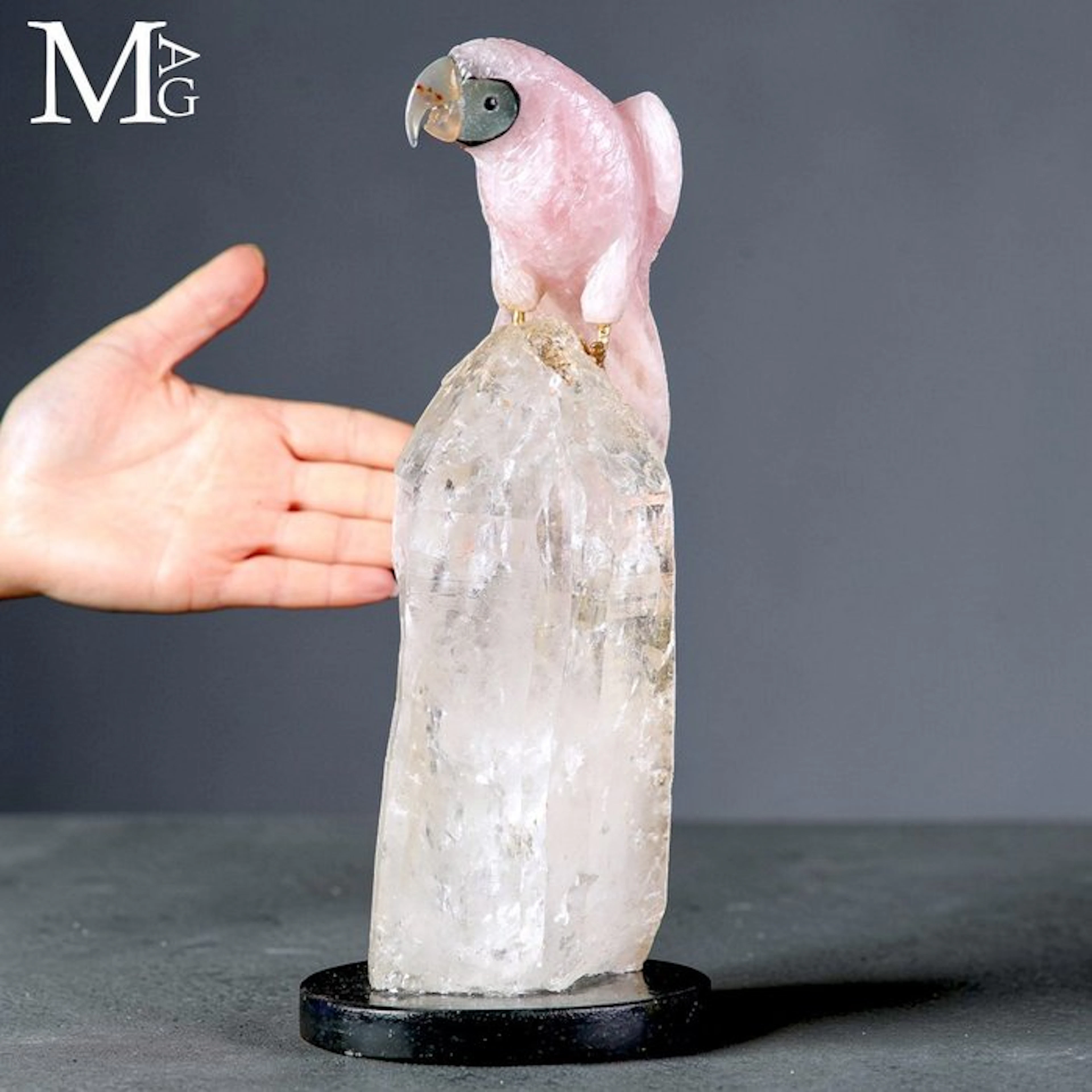 Carved Rose Quartz Parrot on Quartz Point Crystal Natural...