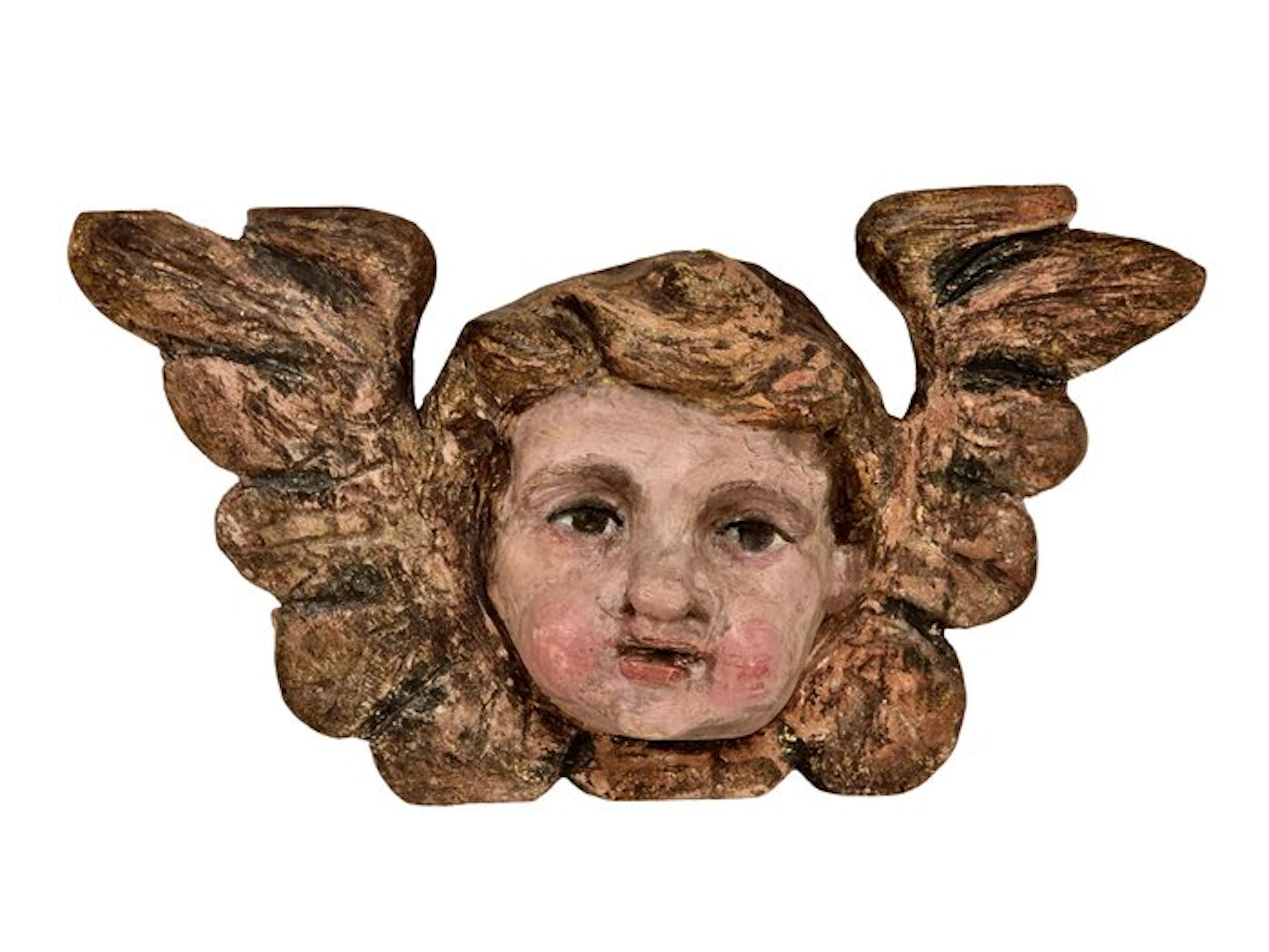 Head of a winged cherub - 44 cm - Antique - Polychrome wood - 1850-1900