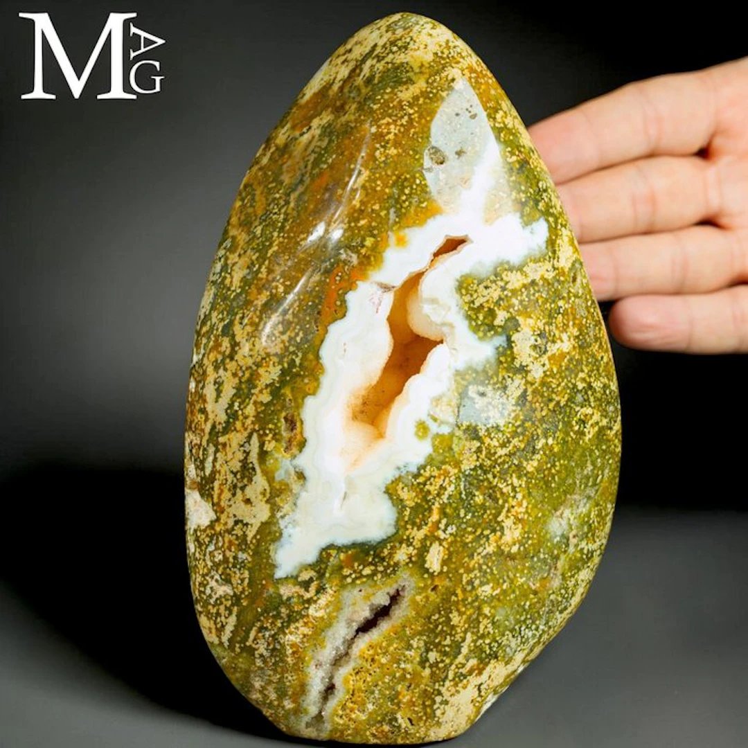 Orbicular Ocean Jasper with a striking natural vug...