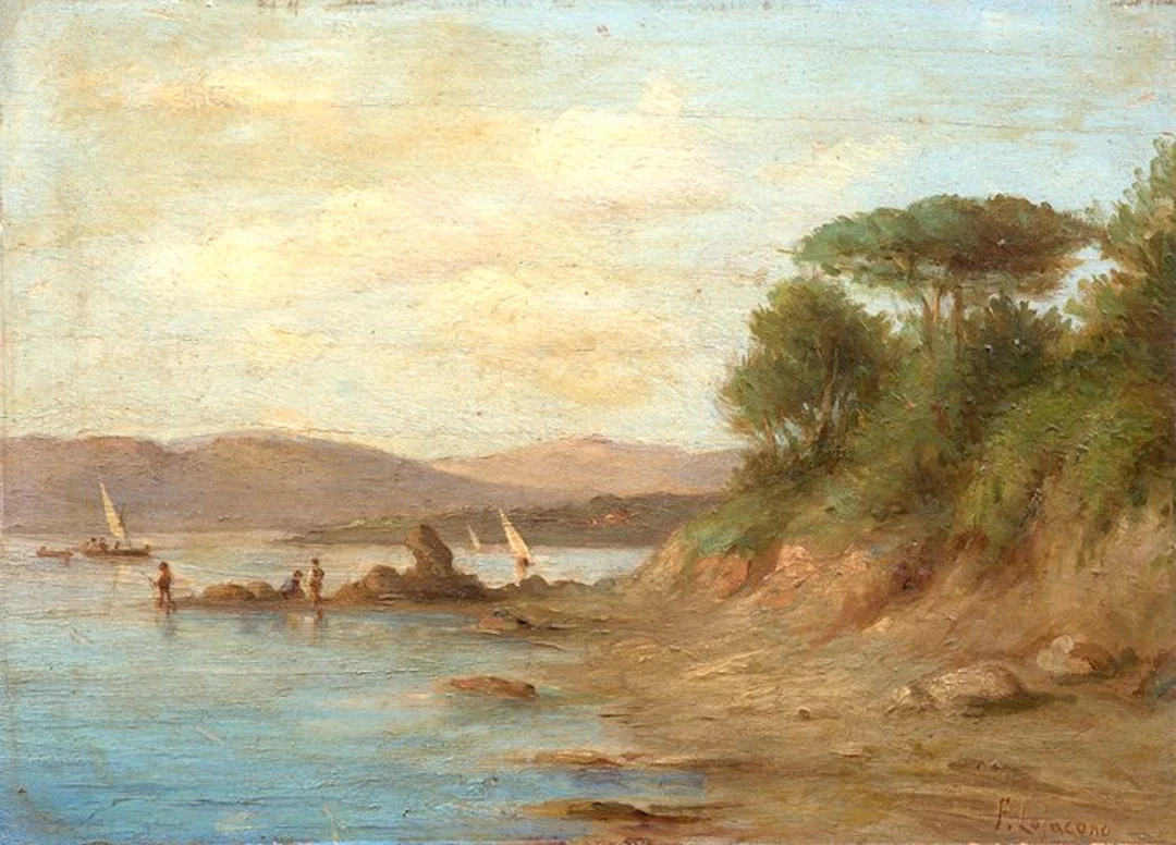 Francesco Lojacono (1838-1915) - Marina con pescatori e barche a vela, Sicilia