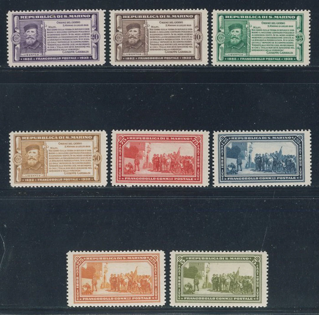 San Marino - Garibaldi, complete series no. 168/175 (cert. Cilio).