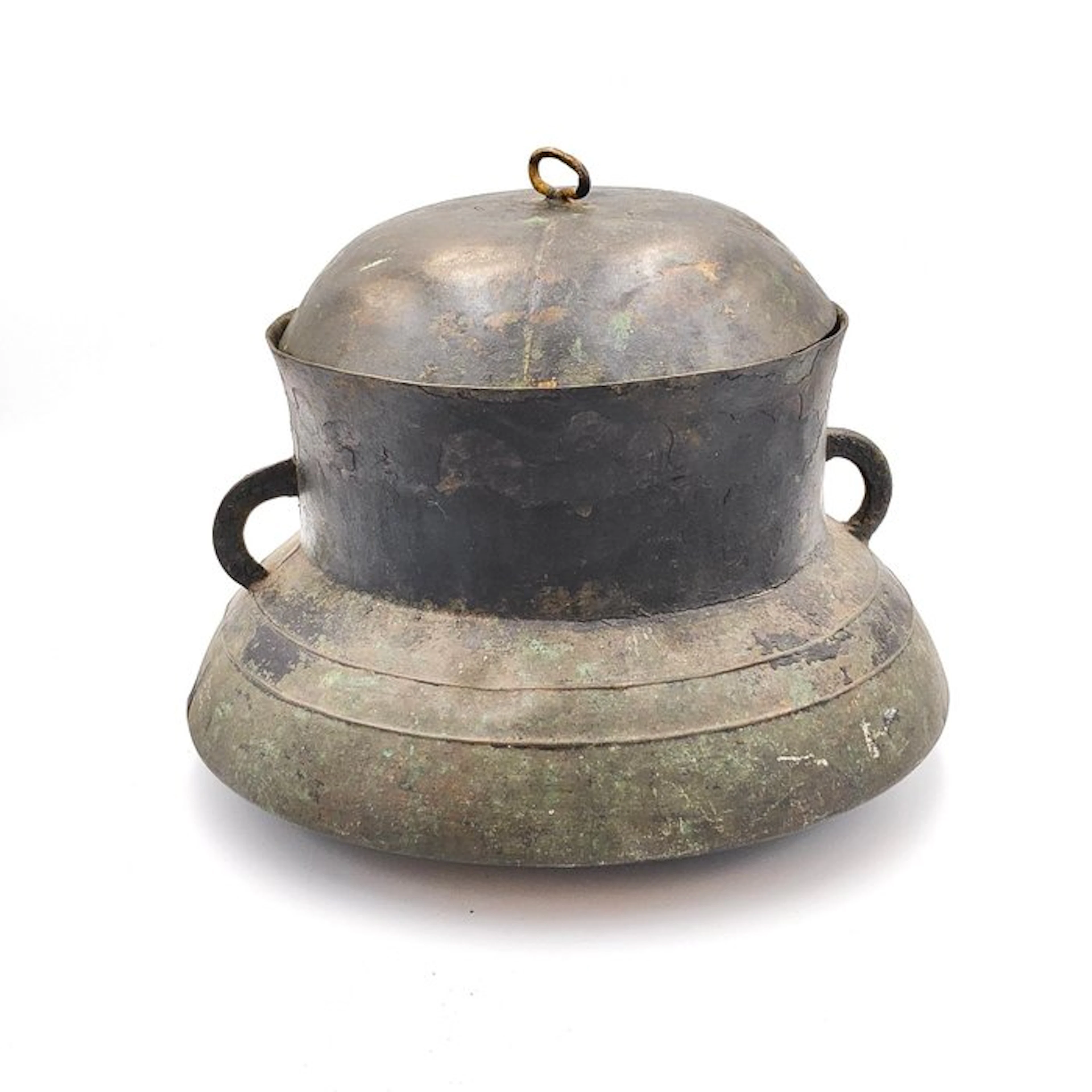 Ancient Indochinese Bronze Life Size Round Jar Pot w Cover - 195 mm