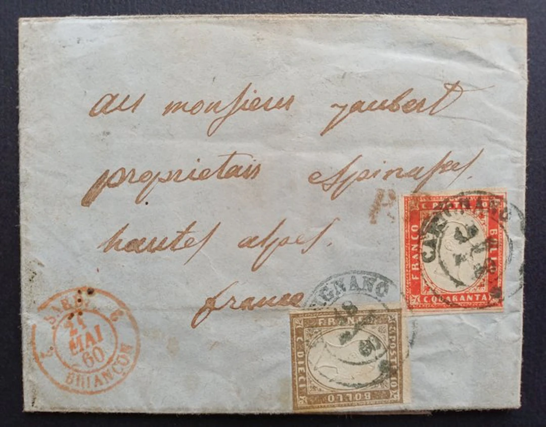 Italian Ancient States - Sardinia - 10 + 40 cents on a letter from Carignano