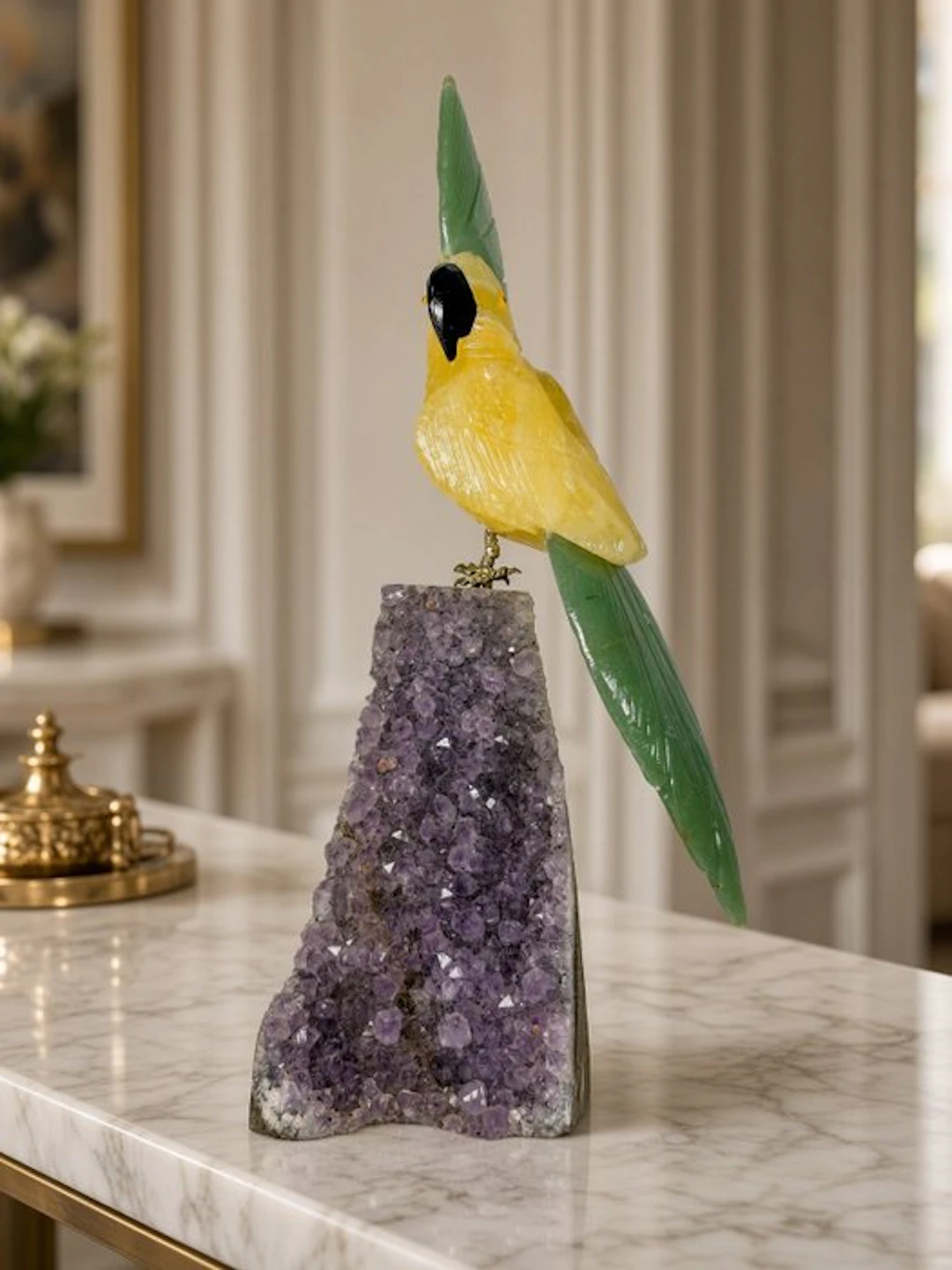 Beautiful piece - hand-carved yellow parrot on amethyst...